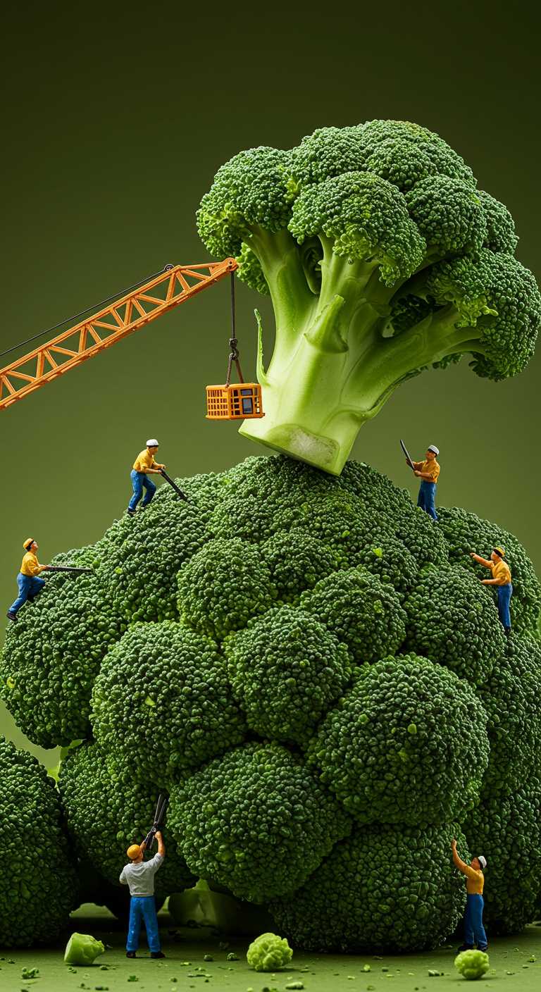 A giant bundle of grapes where tiny workers are trimming and arranging the florets. Some use tiny scissors to refine the edges, while others organize the florets into a perfect display. A crane operated by miniature workers lifts a massive broccoli floret into place. The scene is alive with the rich textures and patterns of broccoli, highlighted by bright, clear lighting. Ultra HD, macro shot, cinematic lighting, vibrant and fresh atmosphere.

