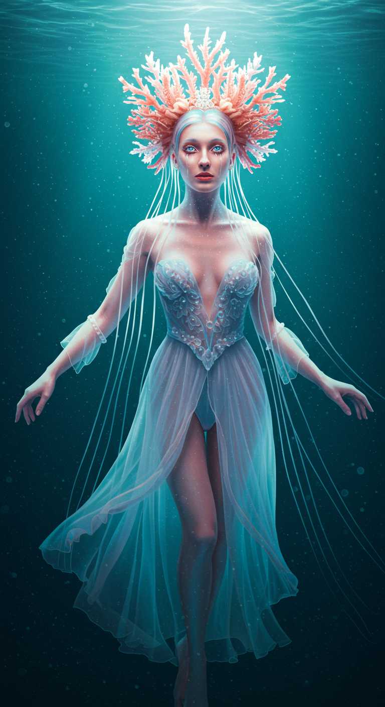 Portrait of Jellyfish Aristocrat in translucent, iridescent gowns, tendrils cascading like royal capes, eyes as liquid sapphires, crown of bioluminescent coral, arms adorned with pearlescent fins, floating underwater ballroom, soft radiant glow, high fashion, Vogue Atlantis, full body, photoreal, dreamlike surrealism, 2100, beeple

