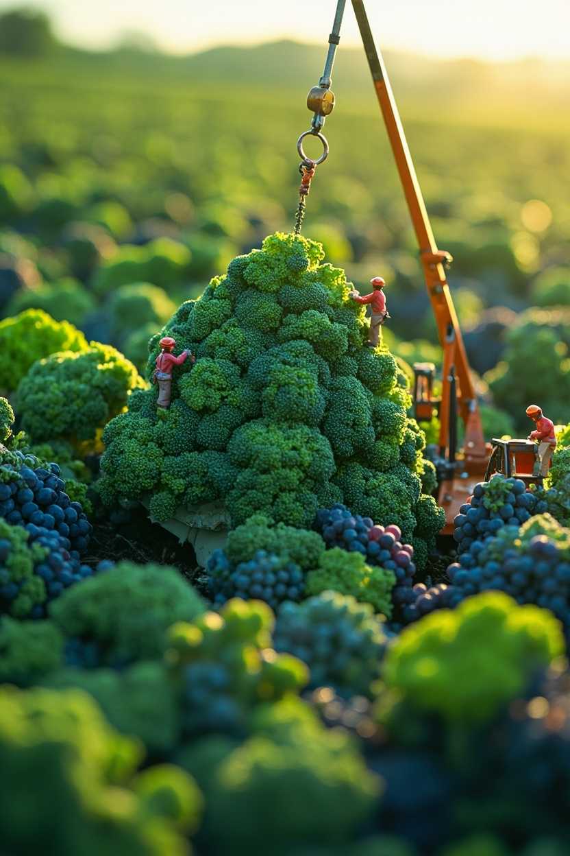 A giant bundle of grapes where tiny workers are trimming and arranging the florets. Some use tiny scissors to refine the edges, while others organize the florets into a perfect display. A crane operated by miniature workers lifts a massive broccoli floret into place. The scene is alive with the rich textures and patterns of broccoli, highlighted by bright, clear lighting. Ultra HD, macro shot, cinematic lighting, vibrant and fresh atmosphere.

