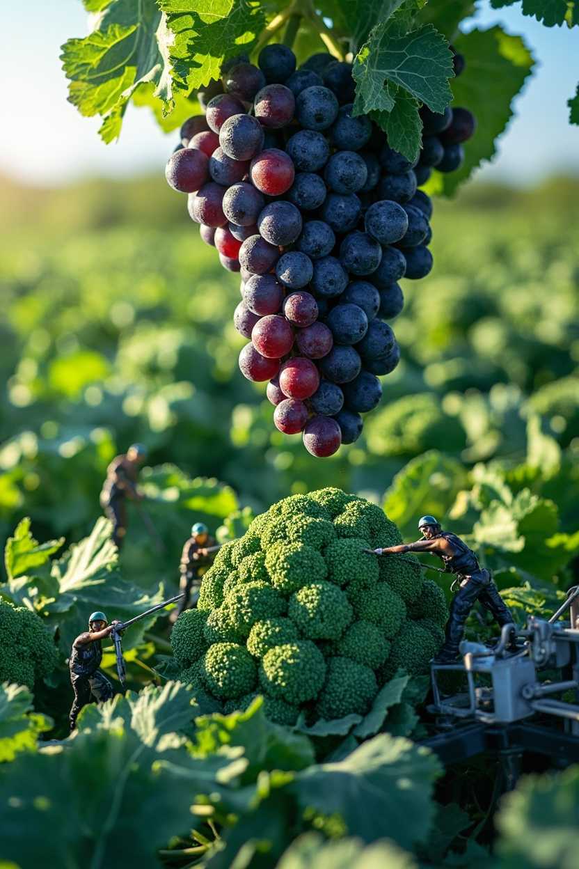 A giant bundle of grapes where tiny workers are trimming and arranging the florets. Some use tiny scissors to refine the edges, while others organize the florets into a perfect display. A crane operated by miniature workers lifts a massive broccoli floret into place. The scene is alive with the rich textures and patterns of broccoli, highlighted by bright, clear lighting. Ultra HD, macro shot, cinematic lighting, vibrant and fresh atmosphere.


