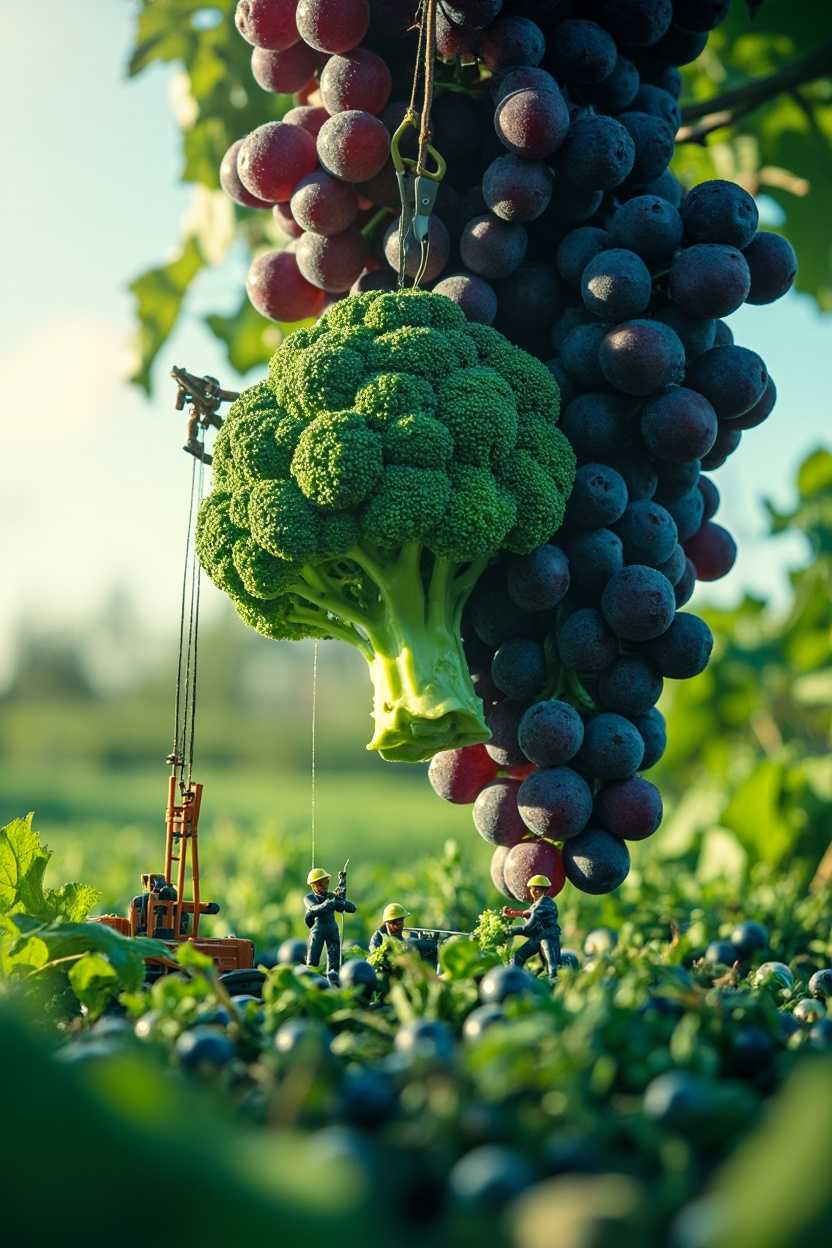 A giant bundle of grapes where tiny workers are trimming and arranging the florets. Some use tiny scissors to refine the edges, while others organize the florets into a perfect display. A crane operated by miniature workers lifts a massive broccoli floret into place. The scene is alive with the rich textures and patterns of broccoli, highlighted by bright, clear lighting. Ultra HD, macro shot, cinematic lighting, vibrant and fresh atmosphere.

