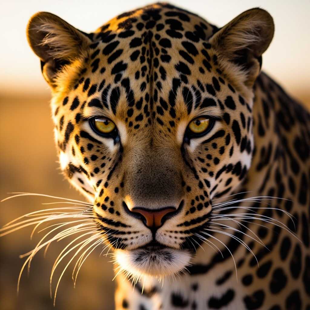 A close-up portrait of a leopard with distinctive spotted pattern and intense eyes