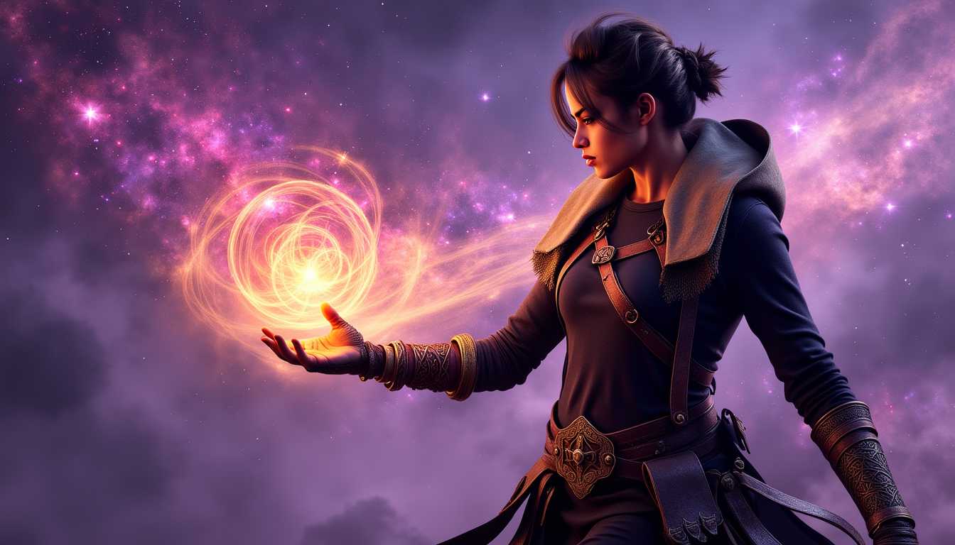 Ella-Forspoken-LoRA12, This image is a digital artwork that exudes a sense of fantasy and mystique. The art style is highly detailed and realistic, with a cinematic quality that suggests it could be a promotional piece for a video game or a concept art piece for a film. The medium appears to be a digital painting, utilizing advanced software to create textures, lighting, and depth.The colors in the image are rich and vibrant, with a predominance of purples and blues that give off a cosmic and otherworldly feel. These colors are complemented by warm tones of orange and yellow, which are used to highlight the magical energy emanating from the subjects hand. The contrast between these cool and warm colors creates a visually striking effect.The subject of the image is a person, dressed in a dark, textured outfit that suggests a blend of practicality and mystique. The clothing has a rugged, battleworn appearance, with straps, buckles, and pouches that add to the characters adventurous persona. The person is wearing gloves that are detailed with intricate patterns, and their hair is styled in a way that suggests movement and untamed beauty.The most striking element of the image is the magical energy that the subject is channeling. This energy is depicted as a swirling, colorful orb that is held in the subjects hand. The orb is a symphony of colors, with shades of pink, purple, orange, and yellow, all blending together to create a mesmerizing visual effect. The energy appears to be alive and dynamic, with sparks and tendrils that suggest movement and power.The background of the image is a swirling nebula, filled with stars and cosmic dust. This nebula is a deep shade of purple, with lighter purple and blue hues that give it a sense of depth and dimension. The stars are scattered throughout, adding to the feeling of vastness and mystery. The overall effect is one of awe and wonder, as if the subject has tapped into a cosmic force that is beyond human comprehension.In summary, this image is a digital artwork that captures the essence of fantasy and mystique through its use of rich colors, detailed textures, and a cinematic art style. The subject, dressed in a battleworn outfit, channels a magical energy that is depicted as a swirling, colorful orb. The background features a swirling nebula, filled with stars and cosmic dust, enhancing the otherworldly feel of the piece.