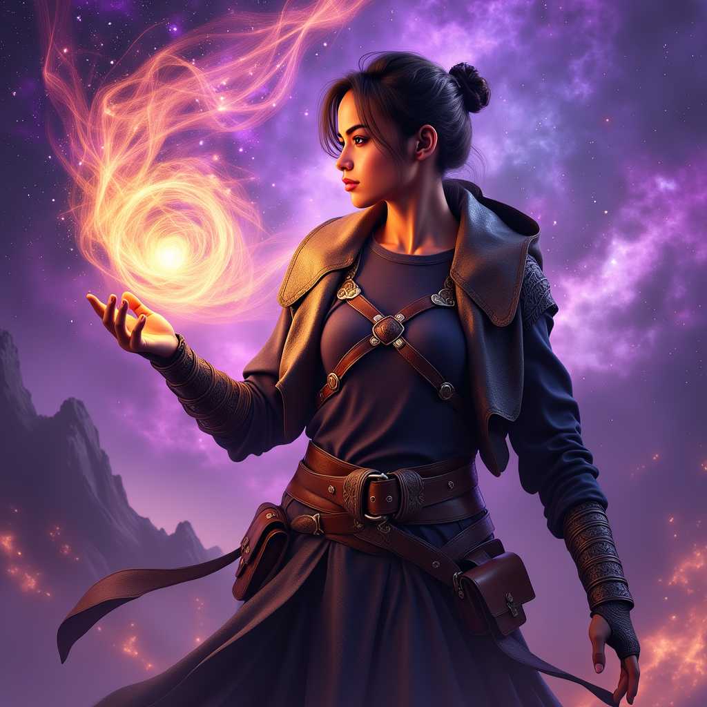 Ella-Forspoken-LoRA12, This image is a digital artwork that exudes a sense of fantasy and mystique. The art style is highly detailed and realistic, with a cinematic quality that suggests it could be a promotional piece for a video game or a concept art piece for a film. The medium appears to be a digital painting, utilizing advanced software to create textures, lighting, and depth.The colors in the image are rich and vibrant, with a predominance of purples and blues that give off a cosmic and otherworldly feel. These colors are complemented by warm tones of orange and yellow, which are used to highlight the magical energy emanating from the subjects hand. The contrast between these cool and warm colors creates a visually striking effect.The subject of the image is a person, dressed in a dark, textured outfit that suggests a blend of practicality and mystique. The clothing has a rugged, battleworn appearance, with straps, buckles, and pouches that add to the characters adventurous persona. The person is wearing gloves that are detailed with intricate patterns, and their hair is styled in a way that suggests movement and untamed beauty.The most striking element of the image is the magical energy that the subject is channeling. This energy is depicted as a swirling, colorful orb that is held in the subjects hand. The orb is a symphony of colors, with shades of pink, purple, orange, and yellow, all blending together to create a mesmerizing visual effect. The energy appears to be alive and dynamic, with sparks and tendrils that suggest movement and power.The background of the image is a swirling nebula, filled with stars and cosmic dust. This nebula is a deep shade of purple, with lighter purple and blue hues that give it a sense of depth and dimension. The stars are scattered throughout, adding to the feeling of vastness and mystery. The overall effect is one of awe and wonder, as if the subject has tapped into a cosmic force that is beyond human comprehension.In summary, this image is a digital artwork that captures the essence of fantasy and mystique through its use of rich colors, detailed textures, and a cinematic art style. The subject, dressed in a battleworn outfit, channels a magical energy that is depicted as a swirling, colorful orb. The background features a swirling nebula, filled with stars and cosmic dust, enhancing the otherworldly feel of the piece.