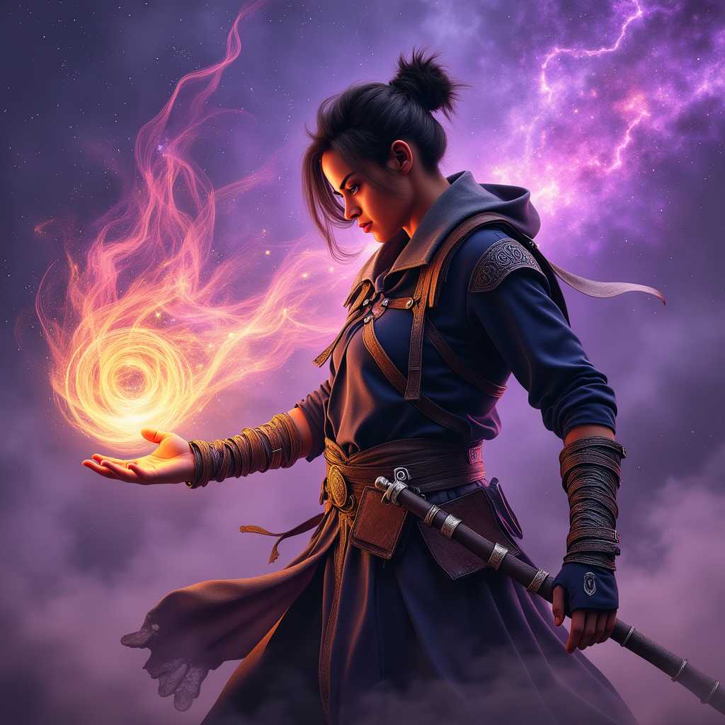 Ella-Forspoken-LoRA12, This image is a digital artwork that exudes a sense of fantasy and mystique. The art style is highly detailed and realistic, with a cinematic quality that suggests it could be a promotional piece for a video game or a concept art piece for a film. The medium appears to be a digital painting, utilizing advanced software to create textures, lighting, and depth.The colors in the image are rich and vibrant, with a predominance of purples and blues that give off a cosmic and otherworldly feel. These colors are complemented by warm tones of orange and yellow, which are used to highlight the magical energy emanating from the subjects hand. The contrast between these cool and warm colors creates a visually striking effect.The subject of the image is a person, dressed in a dark, textured outfit that suggests a blend of practicality and mystique. The clothing has a rugged, battleworn appearance, with straps, buckles, and pouches that add to the characters adventurous persona. The person is wearing gloves that are detailed with intricate patterns, and their hair is styled in a way that suggests movement and untamed beauty.The most striking element of the image is the magical energy that the subject is channeling. This energy is depicted as a swirling, colorful orb that is held in the subjects hand. The orb is a symphony of colors, with shades of pink, purple, orange, and yellow, all blending together to create a mesmerizing visual effect. The energy appears to be alive and dynamic, with sparks and tendrils that suggest movement and power.The background of the image is a swirling nebula, filled with stars and cosmic dust. This nebula is a deep shade of purple, with lighter purple and blue hues that give it a sense of depth and dimension. The stars are scattered throughout, adding to the feeling of vastness and mystery. The overall effect is one of awe and wonder, as if the subject has tapped into a cosmic force that is beyond human comprehension.In summary, this image is a digital artwork that captures the essence of fantasy and mystique through its use of rich colors, detailed textures, and a cinematic art style. The subject, dressed in a battleworn outfit, channels a magical energy that is depicted as a swirling, colorful orb. The background features a swirling nebula, filled with stars and cosmic dust, enhancing the otherworldly feel of the piece.