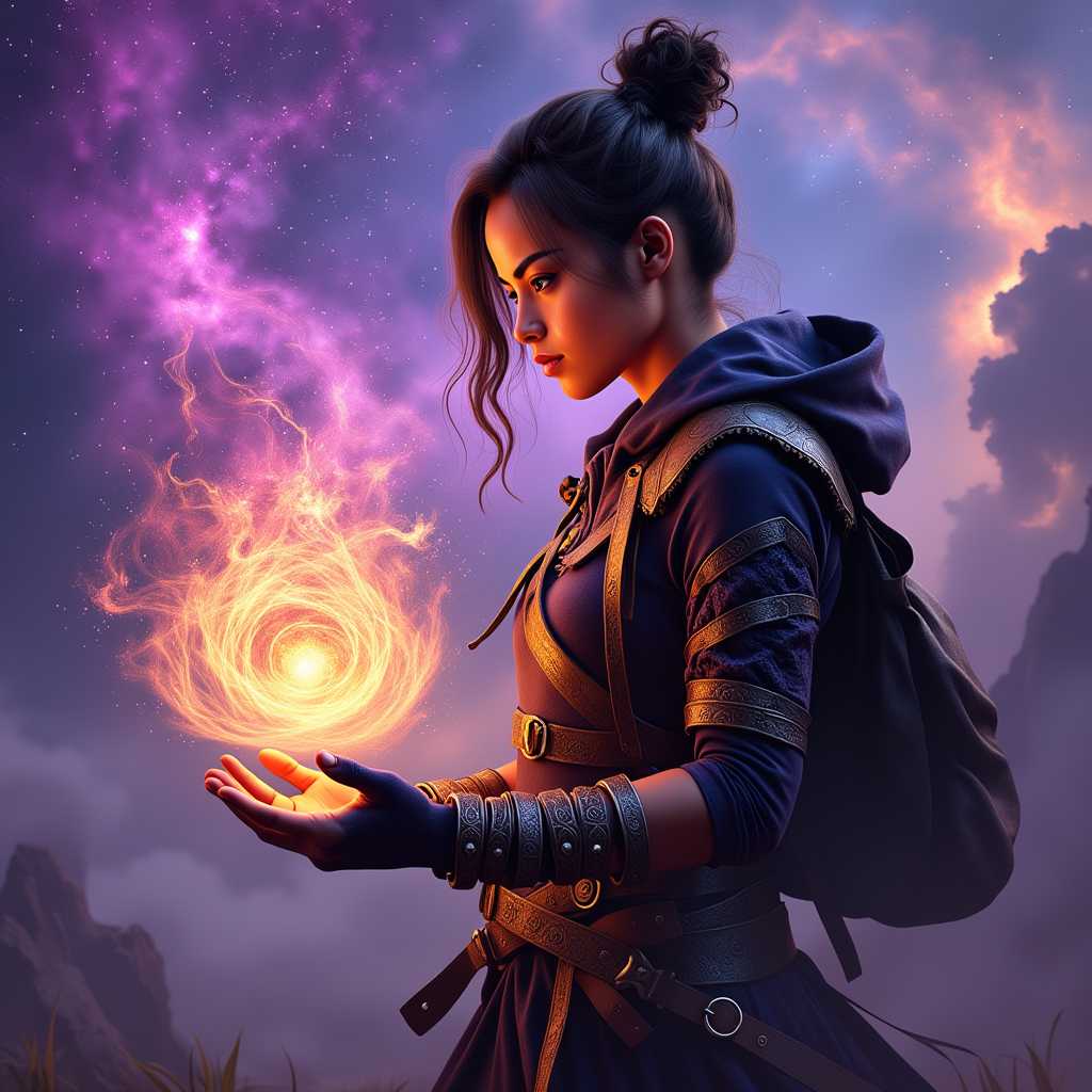 Ella-Forspoken-LoRA12, This image is a digital artwork that exudes a sense of fantasy and mystique. The art style is highly detailed and realistic, with a cinematic quality that suggests it could be a promotional piece for a video game or a concept art piece for a film. The medium appears to be a digital painting, utilizing advanced software to create textures, lighting, and depth.The colors in the image are rich and vibrant, with a predominance of purples and blues that give off a cosmic and otherworldly feel. These colors are complemented by warm tones of orange and yellow, which are used to highlight the magical energy emanating from the subjects hand. The contrast between these cool and warm colors creates a visually striking effect.The subject of the image is a person, dressed in a dark, textured outfit that suggests a blend of practicality and mystique. The clothing has a rugged, battleworn appearance, with straps, buckles, and pouches that add to the characters adventurous persona. The person is wearing gloves that are detailed with intricate patterns, and their hair is styled in a way that suggests movement and untamed beauty.The most striking element of the image is the magical energy that the subject is channeling. This energy is depicted as a swirling, colorful orb that is held in the subjects hand. The orb is a symphony of colors, with shades of pink, purple, orange, and yellow, all blending together to create a mesmerizing visual effect. The energy appears to be alive and dynamic, with sparks and tendrils that suggest movement and power.The background of the image is a swirling nebula, filled with stars and cosmic dust. This nebula is a deep shade of purple, with lighter purple and blue hues that give it a sense of depth and dimension. The stars are scattered throughout, adding to the feeling of vastness and mystery. The overall effect is one of awe and wonder, as if the subject has tapped into a cosmic force that is beyond human comprehension.In summary, this image is a digital artwork that captures the essence of fantasy and mystique through its use of rich colors, detailed textures, and a cinematic art style. The subject, dressed in a battleworn outfit, channels a magical energy that is depicted as a swirling, colorful orb. The background features a swirling nebula, filled with stars and cosmic dust, enhancing the otherworldly feel of the piece.