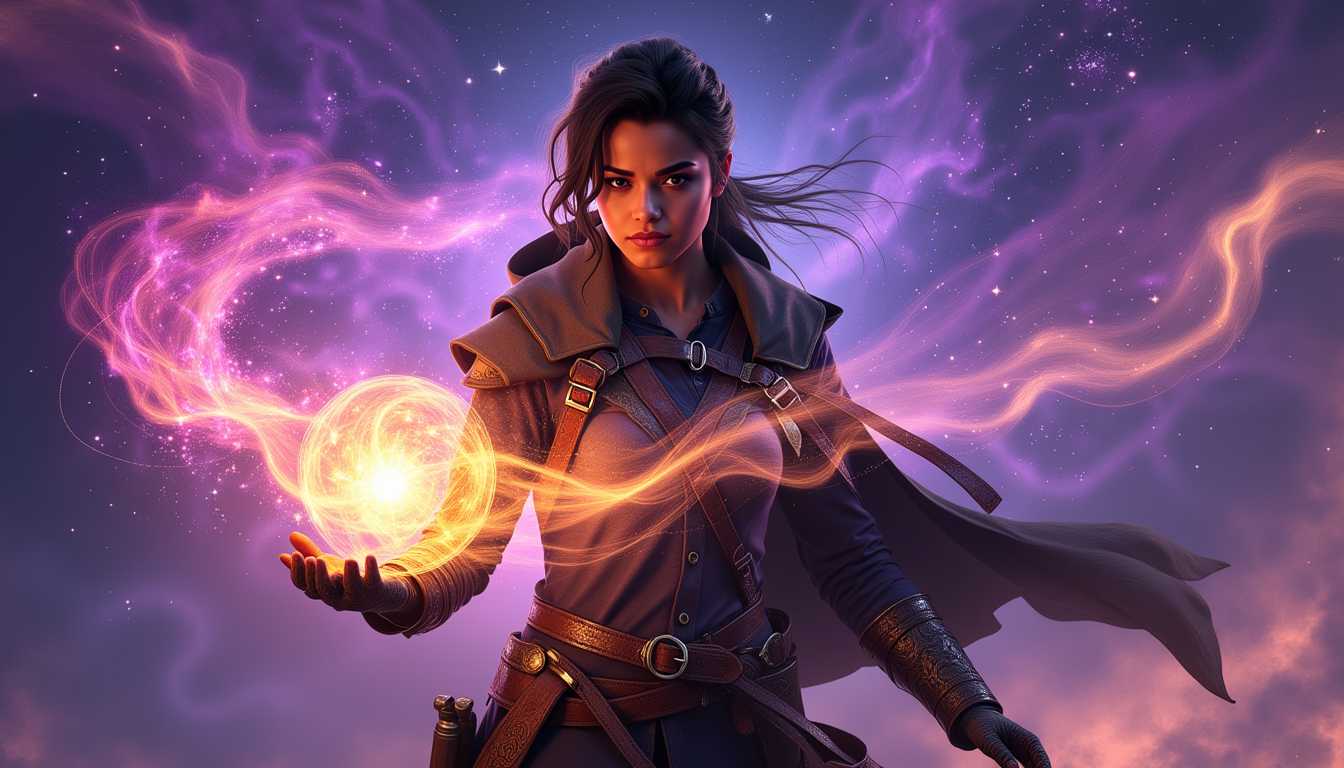 Ella-Forspoken-LoRA12, **Prompt:**

Create a digital artwork that captures the essence of fantasy and mystique through the following elements:

- **Subject**: A person in a rugged, battleworn outfit with straps, buckles, and pouches, suggesting a blend of practicality and mystery. Their clothing is dark, textured, with intricate patterns on their gloves. Hair is styled to convey movement and untamed beauty.

- **Magical Energy**: A swirling, colorful orb in the subject's hand, alive with dynamic movement, featuring a symphony of colors - pink, purple, orange, and yellow. This orb should have sparks and tendrils, indicating powerful energy.

- **Background**: A vast, swirling nebula in deep purple hues, interspersed with lighter shades of purple and blue, creating depth and dimension. Stars are scattered throughout, enhancing the feeling of vastness and mystery.

- **Art Style**: Highly detailed and realistic, with a cinematic quality. Utilize digital painting techniques to achieve textures, lighting, and depth. The style should suggest it could be a promotional piece for a video game or concept art for a film.

- **Colors**: Rich and vibrant with a predominance of cool purples and blues to give an otherworldly, cosmic feel. Warm tones of orange and yellow should highlight the magical energy, creating a striking contrast.

- **Lighting**: Emphasize dramatic lighting that enhances the mystical atmosphere, with the magical orb being a source of light, casting dynamic shadows and illuminating the subject's face and hands.

- **Composition**: Position the subject centrally, slightly off to one side to allow space for the nebula. The camera angle should be slightly low to give the subject a heroic, powerful appearance. The framing should focus on the magical orb, making it the central point of interest.

- **Mood and Atmosphere**: Convey awe, wonder, and the tapping into a cosmic force beyond human comprehension. The scene should evoke a sense of nighttime, with the stars and nebula contributing to a mystical ambiance.

- **Technical Aspects**: Use techniques like depth of field to blur the background slightly, emphasizing the subject and the orb. Employ particle effects for the magical energy to simulate its dynamic, swirling nature. Use high dynamic range (HDR) to capture the contrast between the dark clothing and the vibrant orb.