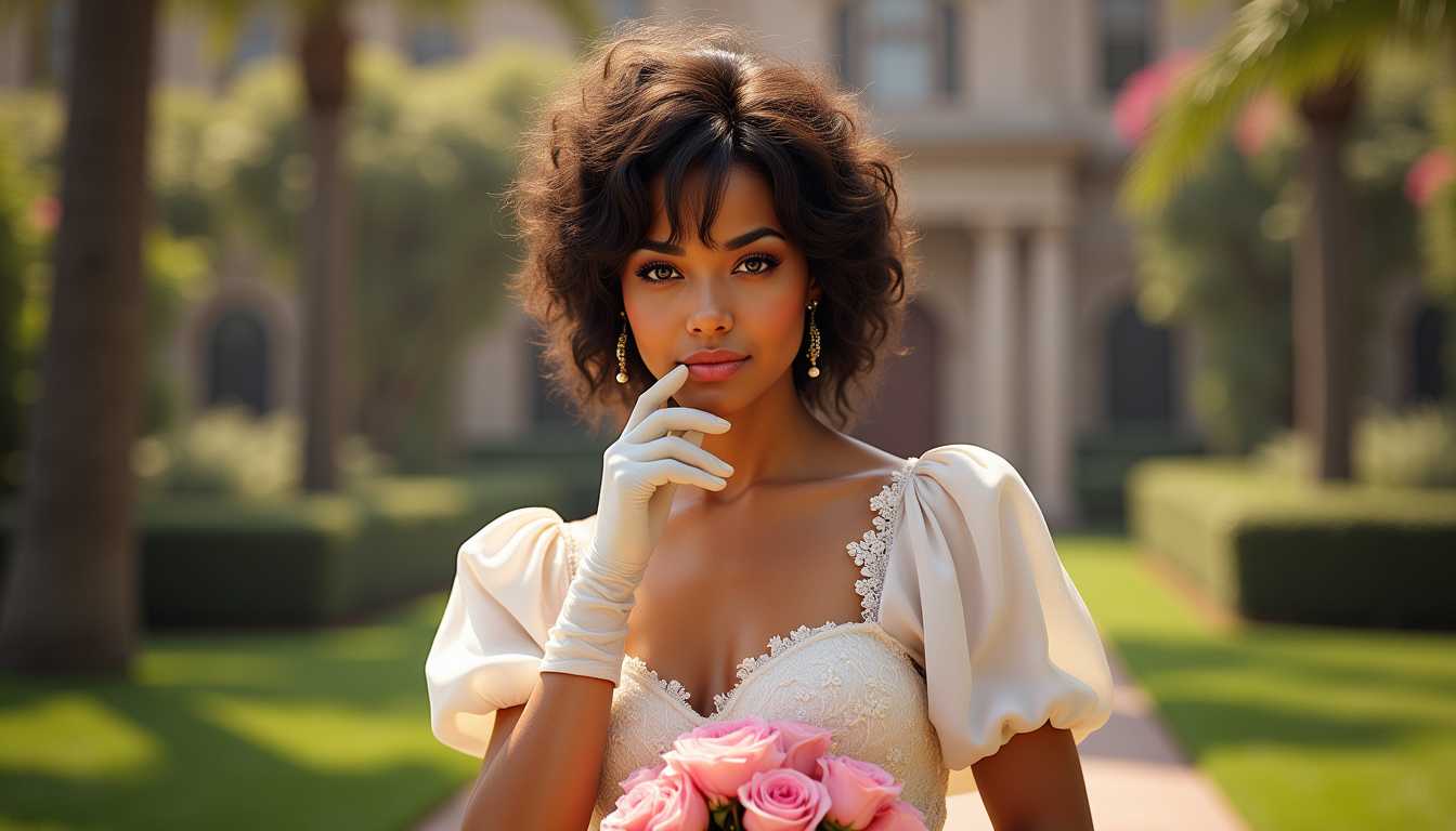 Ella-Forspoken-LoRA12, Ella-Forspoken-LoRA12, Jayne Air clad in 80s era, 80s permed curly hairstyle with bangs, white wedding dress with puff sleeves and 80's style lace at the neckline, white gloves, a bouquet of pink roses, looking to the viewer, embodying roaring 80s charm, a Artist Artgerm Comic Art style, California estate garden background, ethereal atmosphere, vintage aesthetic, dramatic lighting, octane rendering.
