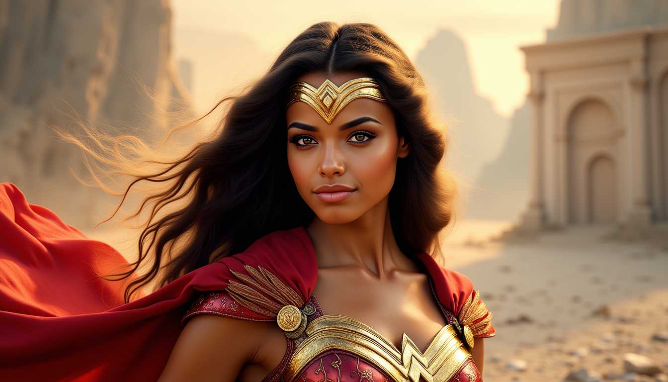 Ella-Forspoken-LoRA12, Maria de Mar strikes a heroic pose as Wonderwoman, her smile capturing the essence of the actress, envisioned by the artistic fusion of Artgerm and Rubens, in the Hudson River School style, with clear and detailed eyes peering through heroic Wonderwoman attire, behind her unfolds a detailed, beautiful Amazon island landscape, capturing every loving intricacy in 8K resolution, digital painting, ultra realistic, highly detailed.
