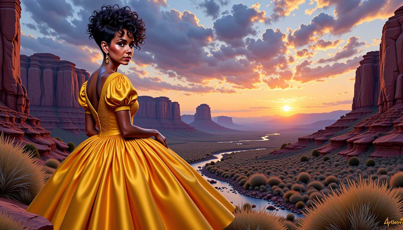 VS-LoRA-Zip2, Pixie4-LoRA12,  a Artgerm comic painting of a 50 age beauty woman, upper body portrait, black pixie with curls on the top of head and super short parts over ears and on nape, the woman looks to the viewer, stands in direction to the viewer, wears a breathtaking yellow dress with puff sleeves and 80's style lace at the neckline, a amazing view to a landscape in Utah with rocks and a river in twilight mood as background, 4K