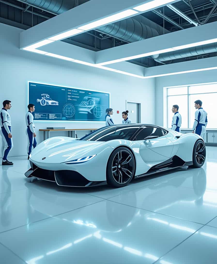 A futuristic auto repair shop with a clean, high-tech aesthetic. The environment is bright, predominantly white with cool blue lighting, featuring sleek holographic screens displaying diagnostics and repair data. The mechanics are dressed in advanced, stylish, and form-fitting white and blue futuristic uniforms, designed with high-tech materials and illuminated accents. The cars in the shop are highly advanced, minimalistic, and luxurious, resembling concept vehicles with smooth aerodynamic shapes, hidden wheels, and glowing elements. The workshop itself is spacious, with robotic arms assisting in repairs, levitating platforms for vehicles, and cutting-edge tools seamlessly integrated into the environment. The entire scene exudes a futuristic, clean, and premium atmosphere