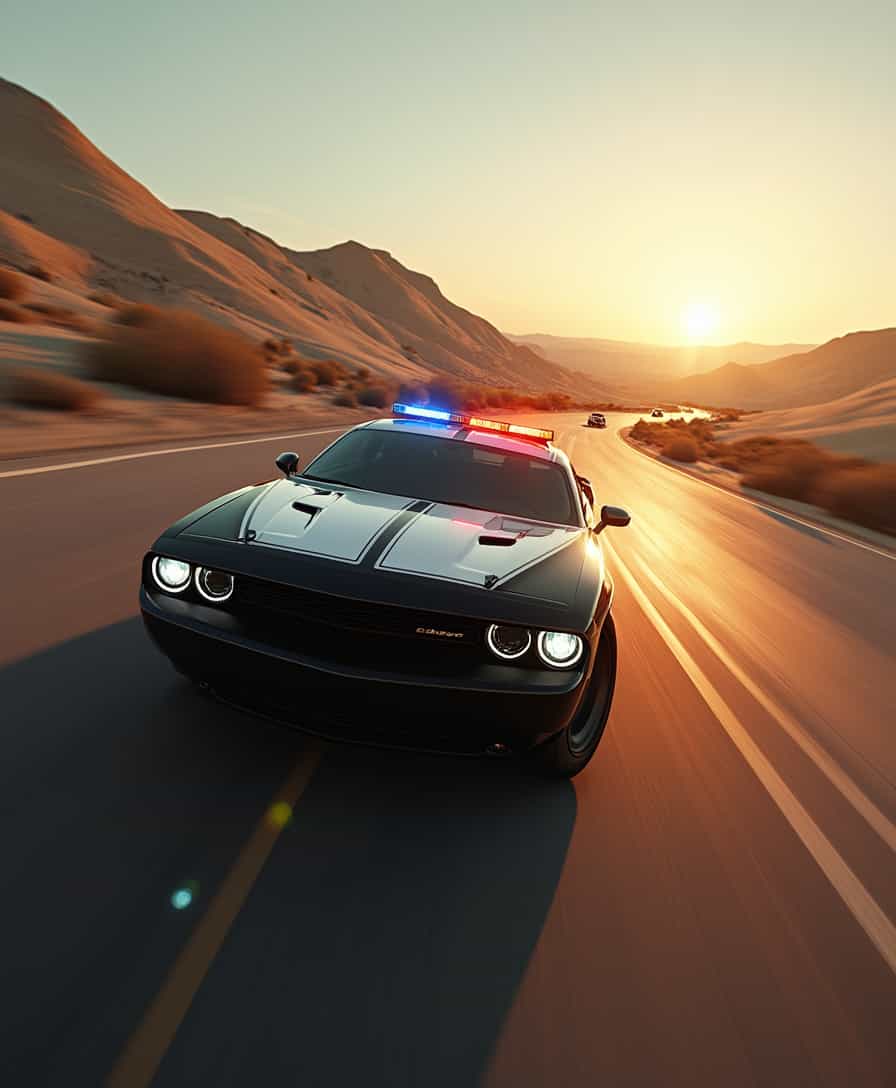 A high-speed pursuit scene featuring a powerful modern police car racing down a winding desert highway. The black and white patrol car has flashing red and blue emergency lights, casting a dramatic glow on the road. The perspective is low and dynamic, capturing the motion blur of the speeding vehicle. The background features rolling golden sand dunes and sparse desert vegetation, with the sun setting on the horizon, casting a warm, cinematic atmosphere. The road curves slightly, emphasizing the intense action. The car's headlights are on, reflecting off the asphalt, creating a realistic and immersive visual effect.