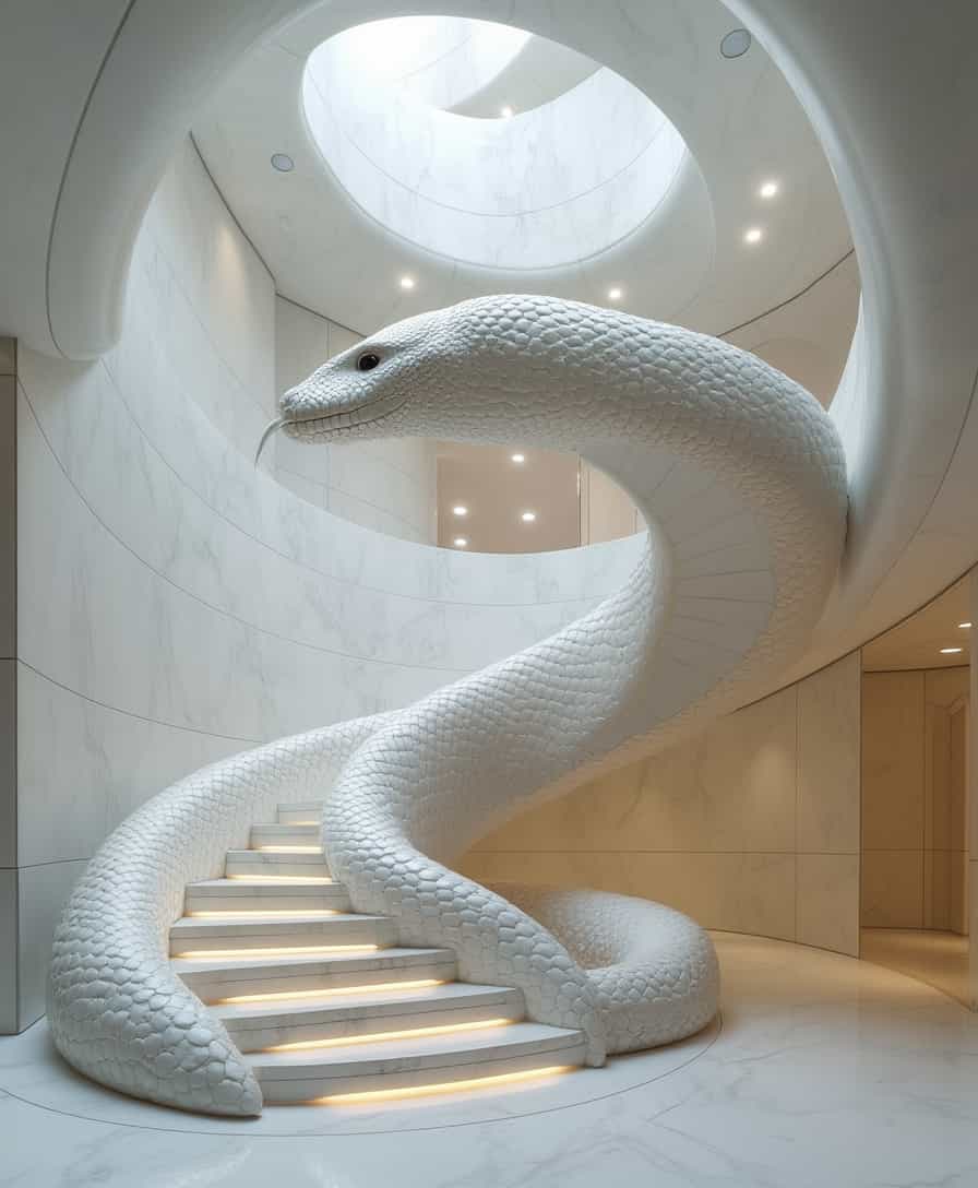 White Marble Snake Staircase
Prompt: A luxurious spiral staircase designed in the shape of a giant serpent, crafted from pure white marble. The surface is intricately carved with lifelike snake scales, and the snake’s head rests at the base of the stairs. Soft LED lighting glows beneath each step, adding an ethereal touch to the elegant and futuristic interior.