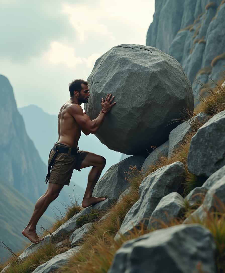 Create a highly detailed and dramatic image of a solitary man struggling to push an enormous, weathered boulder up a steep, rugged mountain slope. The man should be muscular and determined, with sweat dripping from his brow, wearing tattered clothing that suggests he has been toiling for hours. The boulder should be massive, with rough, textured surfaces and visible cracks, emphasizing its immense weight. The environment should be a harsh, rocky landscape with jagged cliffs, sparse vegetation, and a cloudy, overcast sky that adds to the sense of struggle and isolation. The lighting should be dynamic, with soft, diffused sunlight breaking through the clouds, casting long shadows and highlighting the textures of the rock and the man's strained muscles. The composition should convey a sense of monumental effort and perseverance, evoking the myth of Sisyphus but with a more realistic and gritty aesthetic 