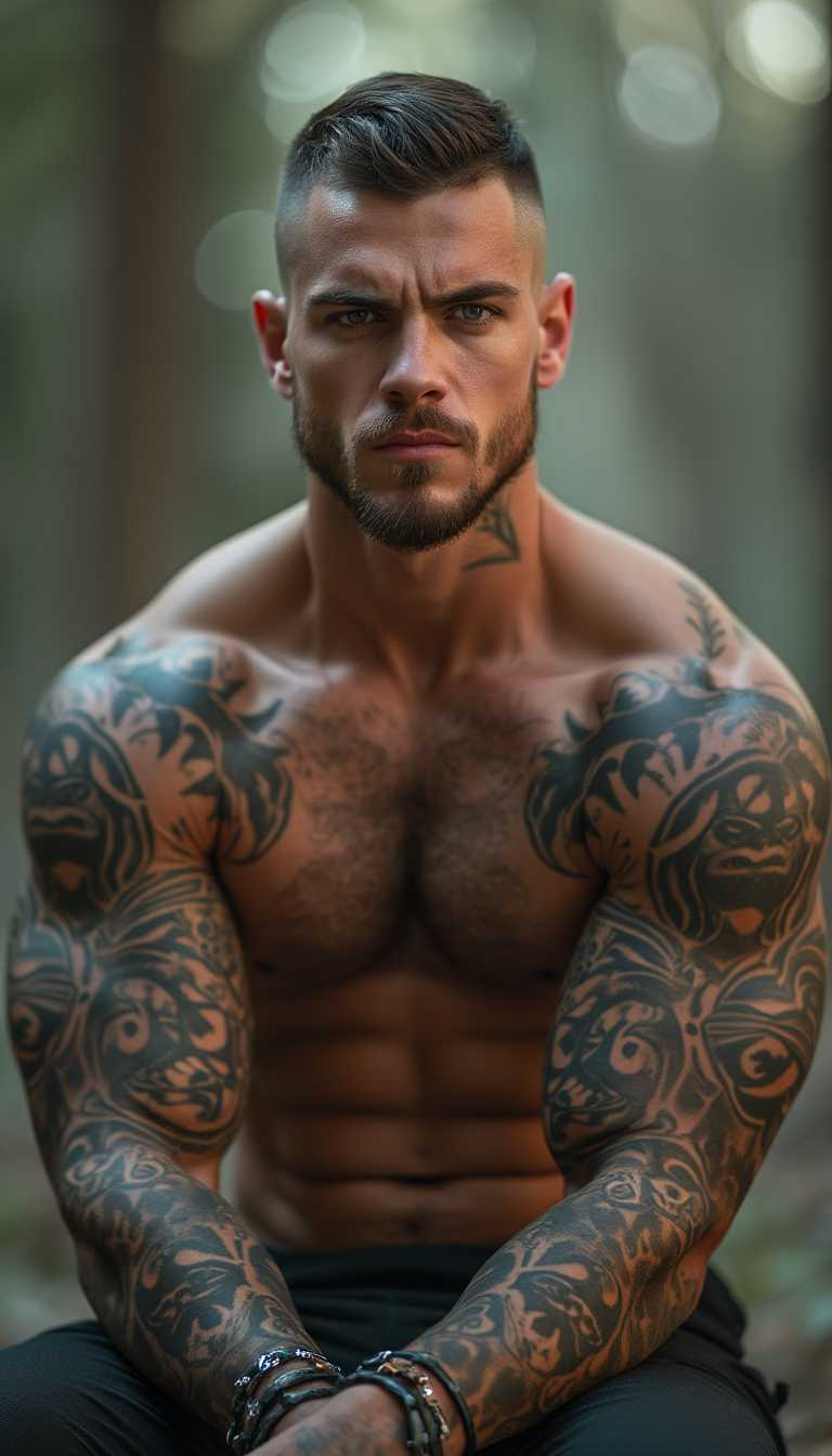 A 25-year-old male with a stern expression, featuring broad, defined shoulders and a strong physique, adorned with intricate tattoo sleeves that cover both arms from shoulder to wrist. His shaved head is accentuated by unique, geometric patterns etched into the sides, adding a touch of individuality to his rugged appearance. His facial features are chiseled, with a prominent jawline and piercing eyes that exude confidence. A scattering of light stubble across his chin and cheeks adds a hint of roughness, complementing his rugged, athletic build. The overall atmosphere of the image is one of intensity and focus, as if the subject is locked onto something in the distance, his gaze piercing through the viewer.