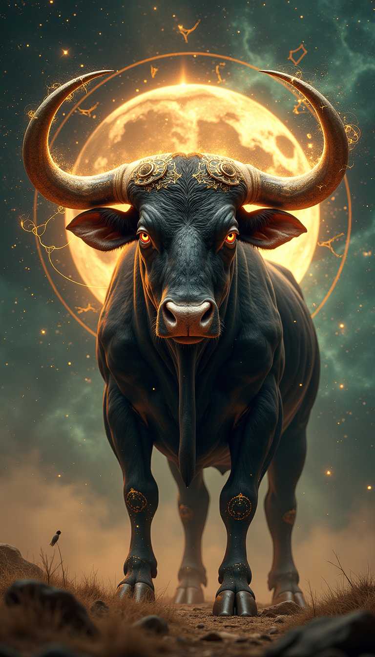 A hyper-realistic, mystical, and celestial depiction of a colossal bull representing the Taurus zodiac sign. The bull is extremely close to the camera, its massive, muscular form radiating divine power and celestial energy. Its glowing, piercing eyes exude both wisdom and raw strength, embodying the unshakable essence of Taurus.

Its obsidian-black hide is adorned with golden constellations and intricate cosmic patterns that pulse with mystical energy. Its enormous horns curve like celestial crescents, crackling with ethereal light as if charged by the power of the stars. The bull’s breath creates ripples in the cosmic dust surrounding it, and its stance is both regal and imposing, as if guarding an ancient celestial realm.

The background is a deep, star-filled cosmic expanse with nebulae swirling in shades of gold, bronze, and emerald green. The Taurus constellation glows intensely behind the creature, casting a divine aura over its majestic form. The lighting is dramatic and cinematic, enhancing the bull’s overwhelming presence and celestial power.

