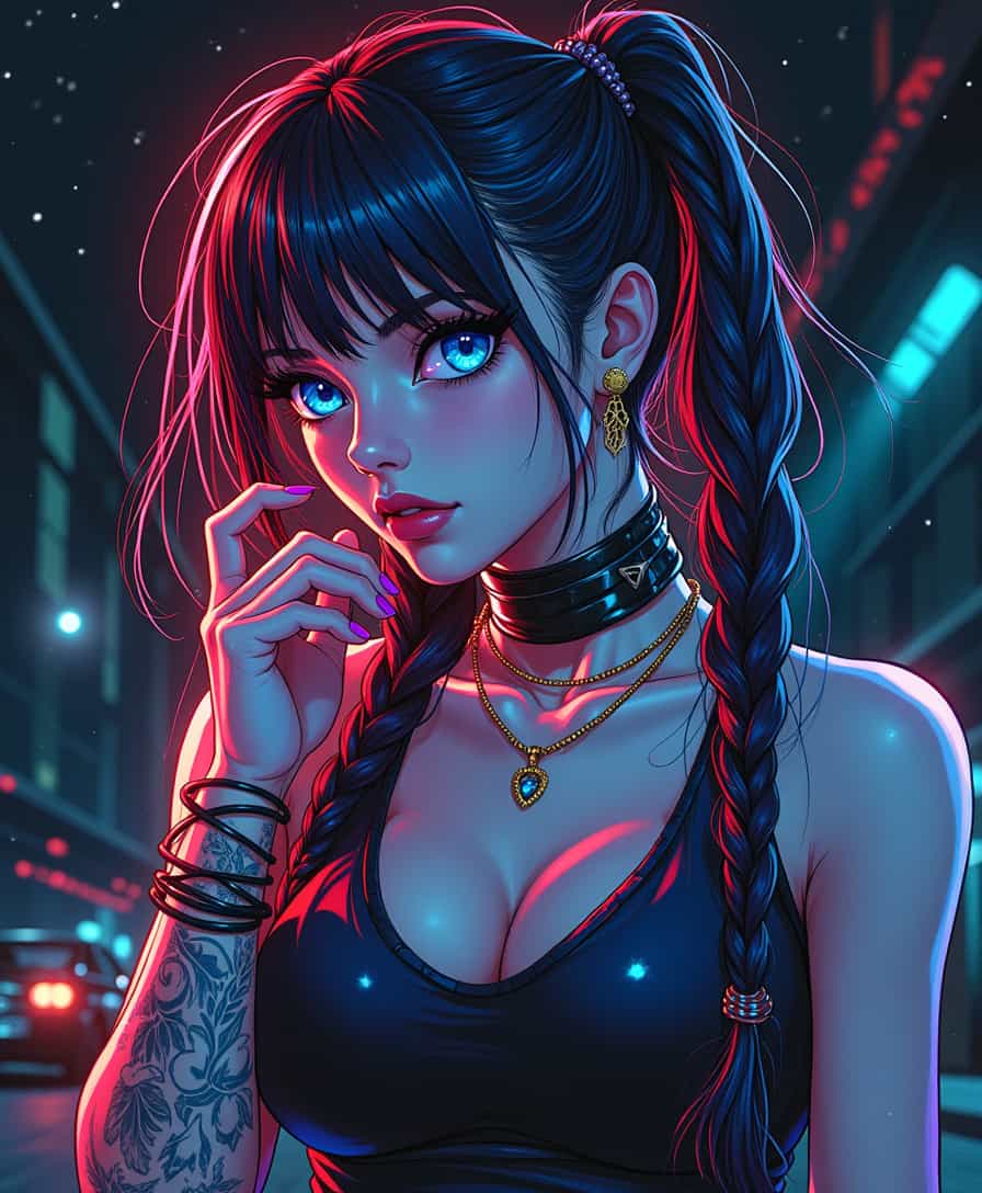 hand-drawn sketch Takehisa Yumeji style. Cyberpunk goddess inspired stopshot Masamune Shirow., artgerm style.  Cyberpunk woman with fair skin, perfect features, dancing in a nightsky, dark tones, unsettling details, infrared spectrum.    (Strong Highlights in Eyes), creating a vibrant impression, away from the camera, anatomically and finger correct, (((Pixel Perfect, Perfect in every detail))) , blue eyes, , (Frowning:1.1), (blush:1.1)  (((gorgeous details)))  russian sport woman, hip-hop diva pose, Chicano tattoos, long braids, perfect body. Color sketchnote style, dramatic, looking up. psychedelic bright colors. futuristic sci-fi elements. ), creating a vibrant impression, away from the camera, anatomically and finger correct,