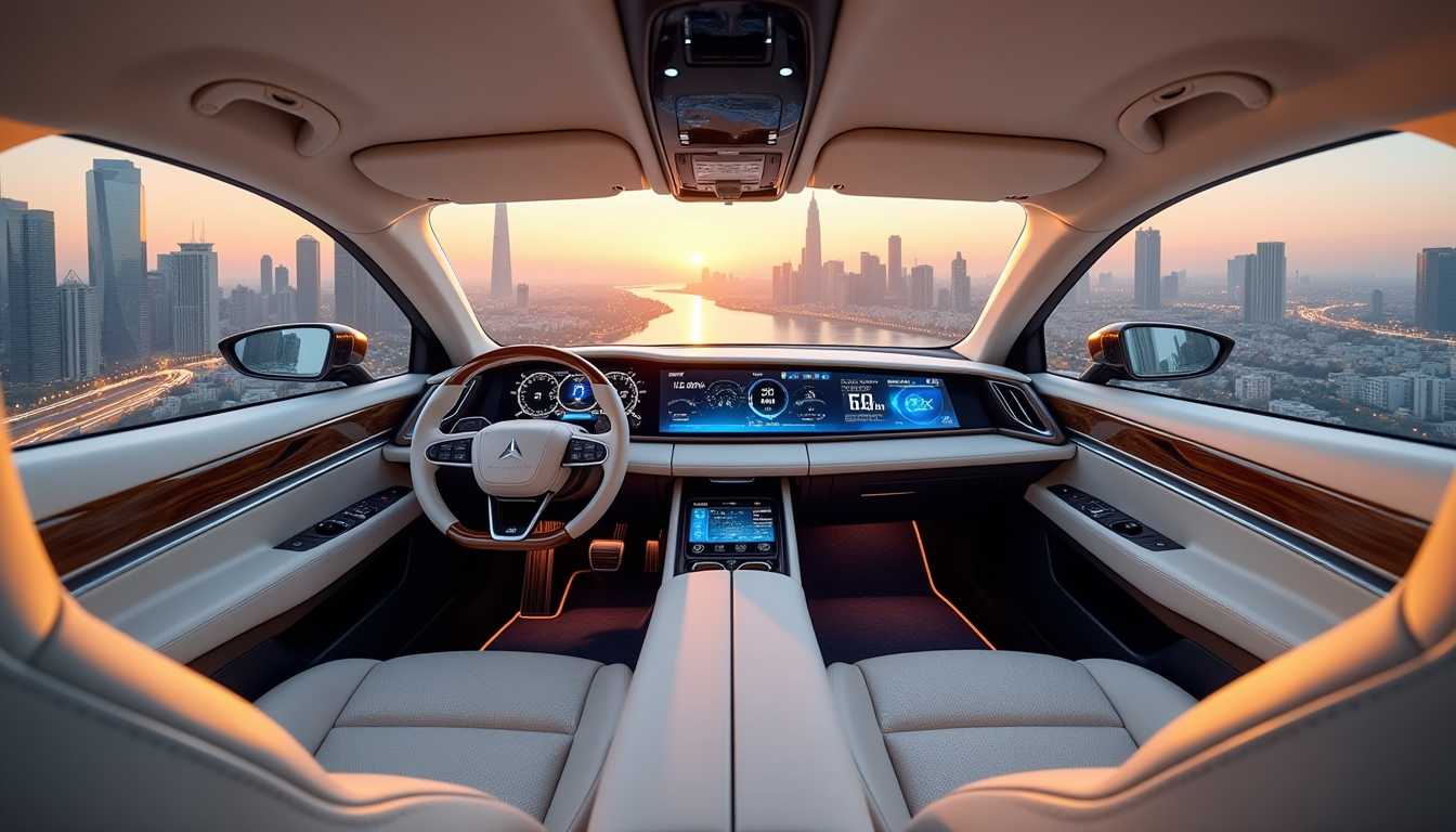 Generate a photorealistic image of a luxurious 2025 Maung V3 Garuda interior, set against a breathtaking futuristic cityscape backdrop at dusk, with sleek, silver accents and dark, polished wood trimmings, emphasizing dynamic lighting and reflections that dance across the cabin's curved surfaces, particularly on the lavish passenger seats, center console, and minimalist dashboard, featuring a sprawling, high-resolution digital display that spans the width of the windshield, as shimmering, electric blue LEDs illuminate the footwells and ambient lighting casts a warm, golden glow on the soft, cream-colored leather upholstery, with the cityscape outside visible through the wraparound windshield, showcasing towering skyscrapers, holographic advertisements, and flying cars zipping by, all under a warm, golden-orange sunset sky with a subtle, futuristic glow.