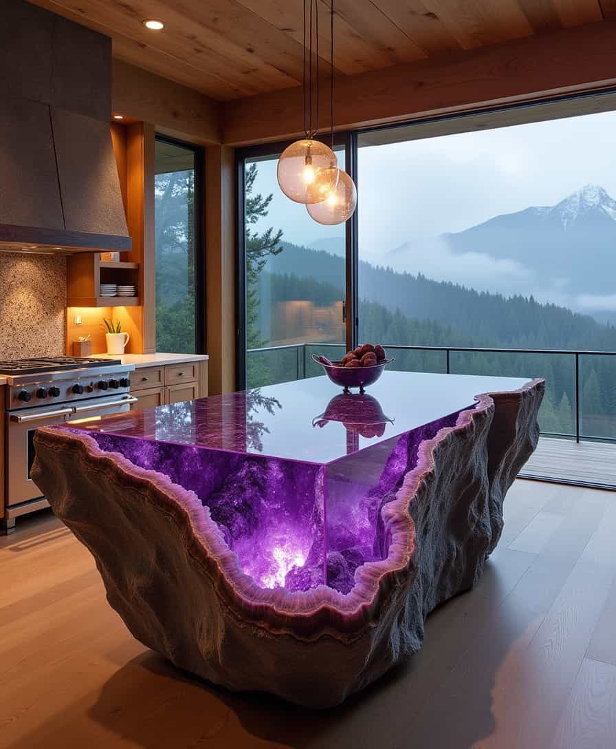 A mesmerizing geode-inspired kitchen island with a rugged outer shell and a glowing, amethyst-like crystalline interior. The jagged edges and deep purple hues are accentuated by built-in soft LED lighting. The kitchen combines rustic and modern elements, featuring natural wood cabinetry, elegant pendant lighting, and a breathtaking panoramic view of a misty mountain range from floor-to-ceiling glass walls.