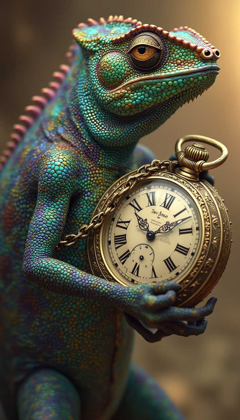 A majestic chameleon, with iridescent scales glimmering in shades of emerald, sapphire, and amethyst, stands proudly as the master of time, clutching a gigantic, intricately crafted pocket watch in its long, slender hands, the watch's face adorned with Roman numerals and ornate engravings, its chain wrapped around the chameleon's wrist like a regal cuff; the creature's eyes, a piercing yellow with vertical, cat-like pupils, gaze intensely into the distance, as if commanding the very fabric of time itself, set against a warm, golden background that evokes a sense of nostalgia and wonder.