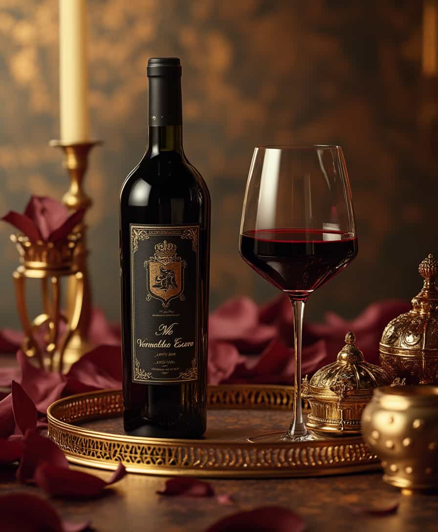 A sophisticated professional photograph featuring a luxurious still life setup with a rich, dark red wine, dubbed Vermelho Escuro, as the central focus, surrounded by elegant, golden accents and ornate details, with a warm, soft lighting that accentuates the subtle nuances of the wine's color, creating an inviting and opulent atmosphere, captured in a high-end photography style with exceptional clarity and depth, incorporating a shallow depth of field to draw the viewer's attention to the wine, with a blurred, yet curated, background that complements the golden and red hues, and a slight sense of movement or blur around the edges to convey a sense of sophistication and refinement.