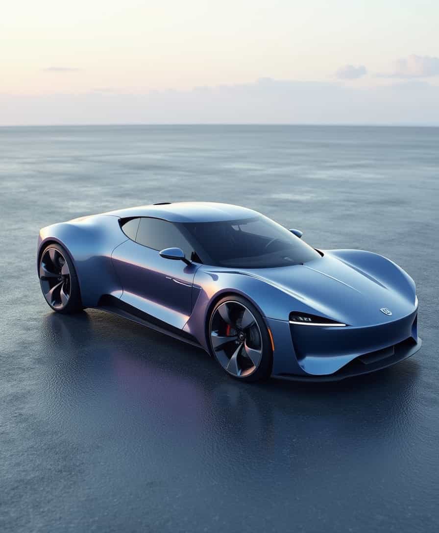 A sleek, modern car, devoid of rims and wheels, sits majestically on a flat, gray asphalt surface, its metallic body glistening in the soft, diffused light, with a subtle sheen that highlights its curvaceous lines and aerodynamic shape, the car's windows and doors are sleek and minimalist, with no visible handles or door locks, the paint job is a deep, rich blue with a hint of purple undertones, and the car's body is devoid of any logos, emblems, or decals, with a clean, minimalist aesthetic that emphasizes its futuristic design.