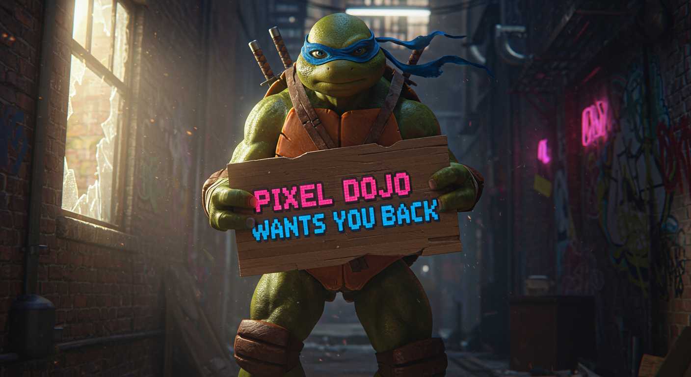 generate an image of a ninja turtle holding a sign that says "Pixel Dojo Wants You Back"