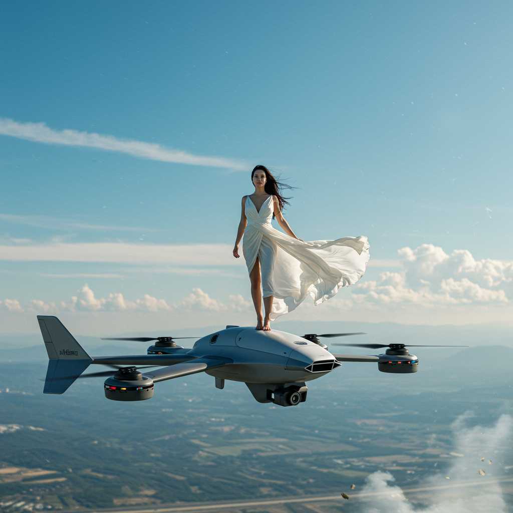 A **futuristic** and **dynamic** photograph capturing a **woman** in her **early thirties**, **elegant** and **confident**, standing atop a **sleek, modern drone**. She is **dressed in a flowing, white dress** that **billows** with the wind, her **long, dark hair** streaming behind her like a **banner**. The **drone**, with its **futuristic design** and **aerodynamic shape**, is **surging** through the **sky** with **speed**, the **background** showcasing an **expanse of clear, blue skies** and **scattered clouds**. 

- **Style**: The image should mimic the **aesthetic of sci-fi concept art**, with **high contrast** and **vibrant colors** to enhance the sense of **motion** and **adventure**.
- **Composition**: **Centered subject**, with the **camera angle** from **slightly below** to **exaggerate the height** and **drama** of the scene. The **frame** includes the **woman's full figure**, the **drone**, and **expansive skies** around her.
- **Mood and Atmosphere**: **Exhilarating**, with **sunlight casting dramatic shadows** and **highlights**, suggesting **adventure** and **freedom**. The **atmosphere** is **crisp** and **clear**, with a **hint of wind** to add **movement**.
- **Technical Aspects**: **High shutter speed** to freeze the **action**, **shallow depth of field** to blur the background and focus on the subject, **HDRI lighting** to capture the **intense contrast** between the **bright sky** and **darker drone** elements.