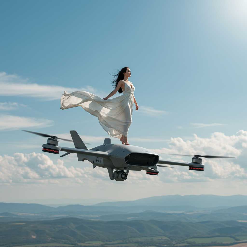A **futuristic** and **dynamic** photograph capturing a **woman** in her **early thirties**, **elegant** and **confident**, standing atop a **sleek, modern drone**. She is **dressed in a flowing, white dress** that **billows** with the wind, her **long, dark hair** streaming behind her like a **banner**. The **drone**, with its **futuristic design** and **aerodynamic shape**, is **surging** through the **sky** with **speed**, the **background** showcasing an **expanse of clear, blue skies** and **scattered clouds**. 

- **Style**: The image should mimic the **aesthetic of sci-fi concept art**, with **high contrast** and **vibrant colors** to enhance the sense of **motion** and **adventure**.
- **Composition**: **Centered subject**, with the **camera angle** from **slightly below** to **exaggerate the height** and **drama** of the scene. The **frame** includes the **woman's full figure**, the **drone**, and **expansive skies** around her.
- **Mood and Atmosphere**: **Exhilarating**, with **sunlight casting dramatic shadows** and **highlights**, suggesting **adventure** and **freedom**. The **atmosphere** is **crisp** and **clear**, with a **hint of wind** to add **movement**.
- **Technical Aspects**: **High shutter speed** to freeze the **action**, **shallow depth of field** to blur the background and focus on the subject, **HDRI lighting** to capture the **intense contrast** between the **bright sky** and **darker drone** elements.
