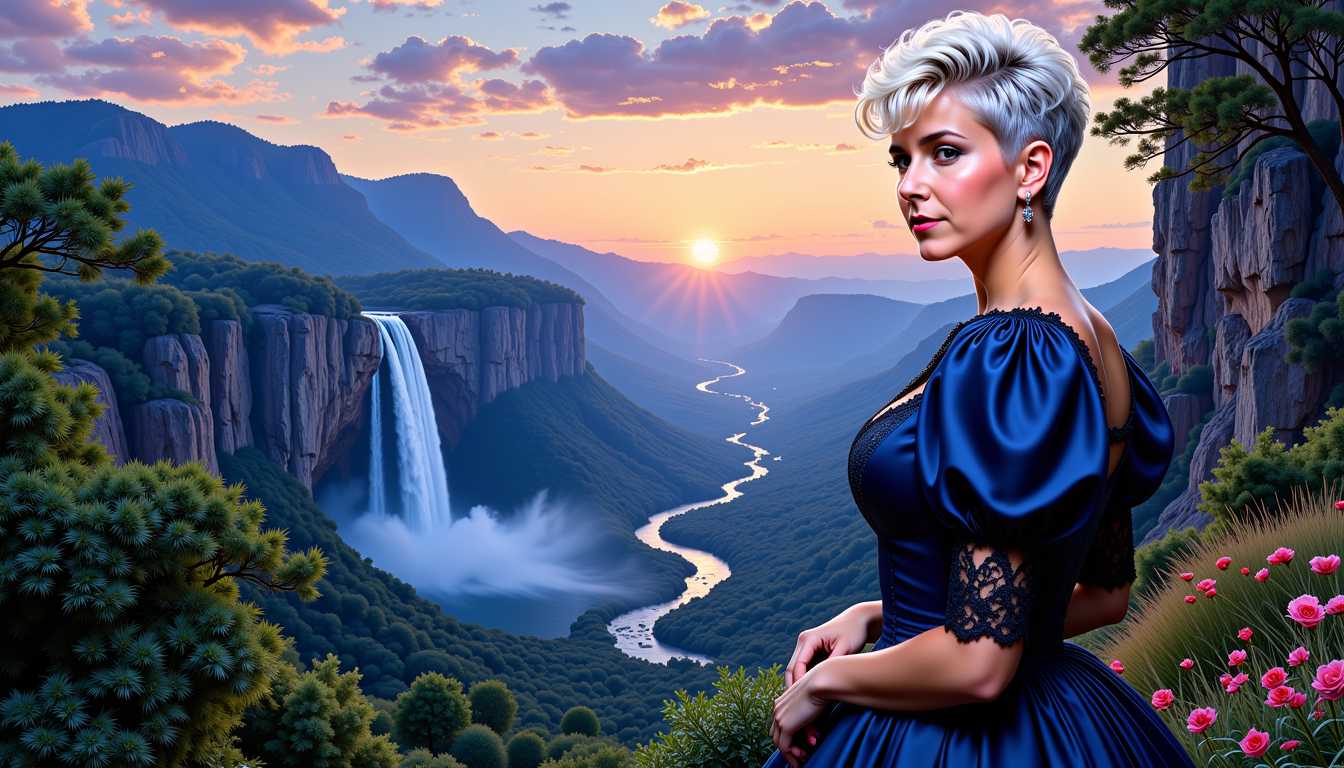 FantasyWomanLoRa, I, , a Artgerm comic painting of a 50 age beauty woman, upper body portrait, whiteblonde super short curly pixie with razor short parts over ears and on nape, large breasts, the woman looks to the viewer, wears a dark blue dress with puff sleeves and 80's style lace at the neckline, a amazing view to a valley  with waterfalls and trees in twilight mood as background, 4K