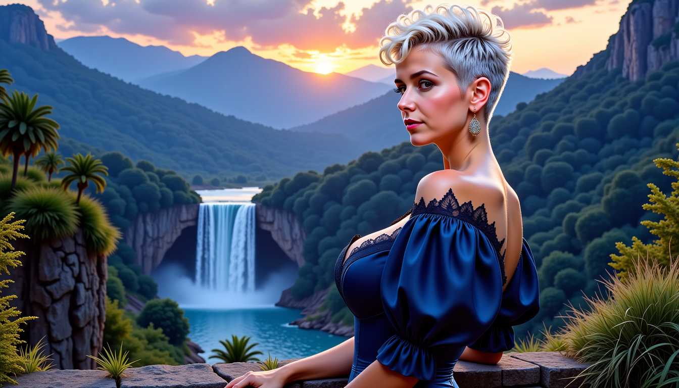 FantasyWomanLoRa, I, , a Artgerm comic painting of a 50 age beauty woman, upper body portrait, whiteblonde super short curly pixie with razor short parts over ears and on nape, large breasts, the woman looks to the viewer, wears a dark blue dress with puff sleeves and 80's style lace at the neckline, a amazing view to a valley  with waterfalls and trees in twilight mood as background, 4K
