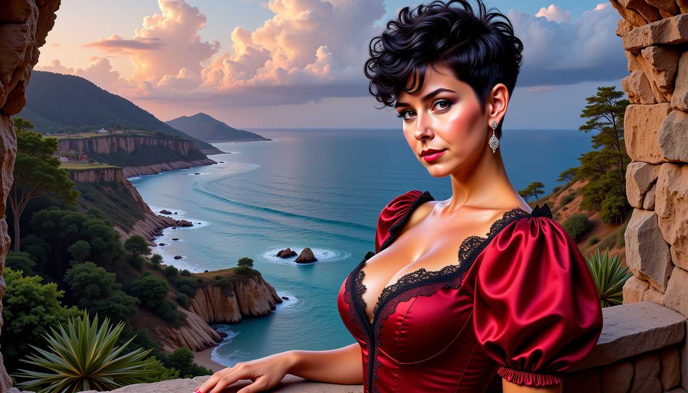 FantasyWomanLoRa, a Artgerm comic painting of a 50 age beauty woman, upper body portrait, black super short curly pixie with razor short parts over ears and on nape, large breasts, the woman looks to the viewer, wears a dark red dress with puff sleeves and 80's style lace at the neckline, a amazing view to a landscape with cliffs, Water sources and trees in twilight mood as background, 4K