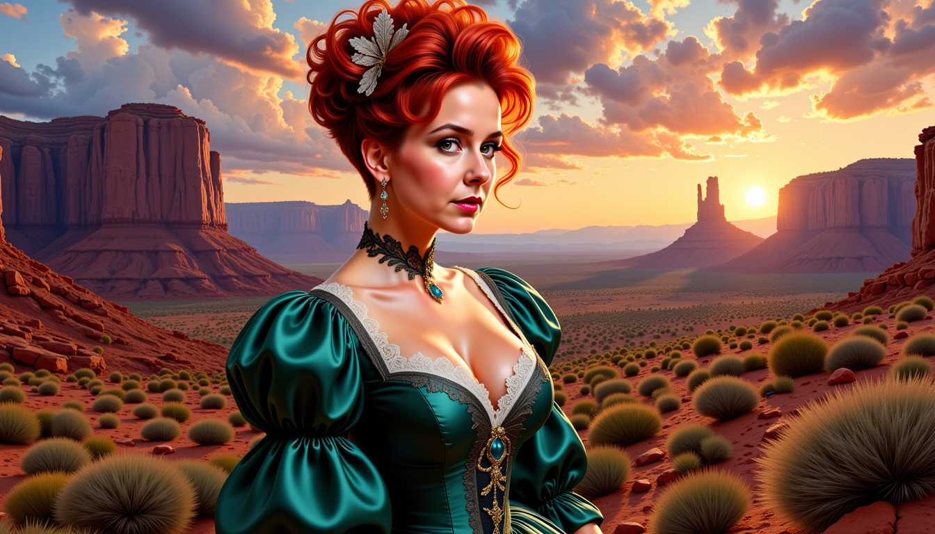 Pixie-LoRA12I, FantasyWomanLoRa, a Artgerm comic painting of a beauty woman, upper body portrait, red hair updo in victorian style, large breasts, the woman looks to the viewer, wears a dark green victorian dress with puff sleeves and 1880's style lace at the neckline, a amazing view to a landscape of Utah in twilight mood as background, 4K