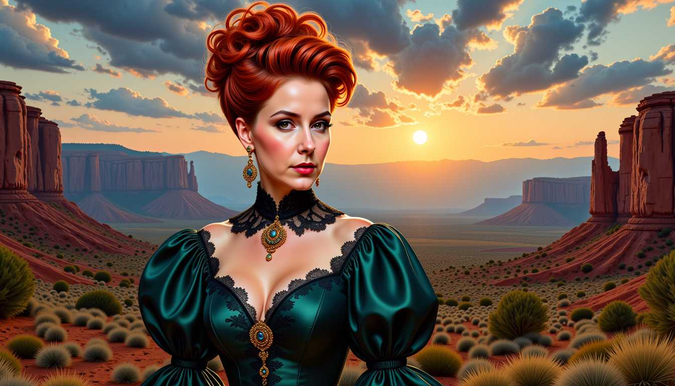 Pixie-LoRA12I, FantasyWomanLoRa, a Artgerm comic painting of a beauty woman, upper body portrait, red hair updo in victorian style, large breasts, the woman looks to the viewer, wears a dark green victorian dress with puff sleeves and 1880's style lace at the neckline, a amazing view to a landscape of Utah in twilight mood as background, 4K