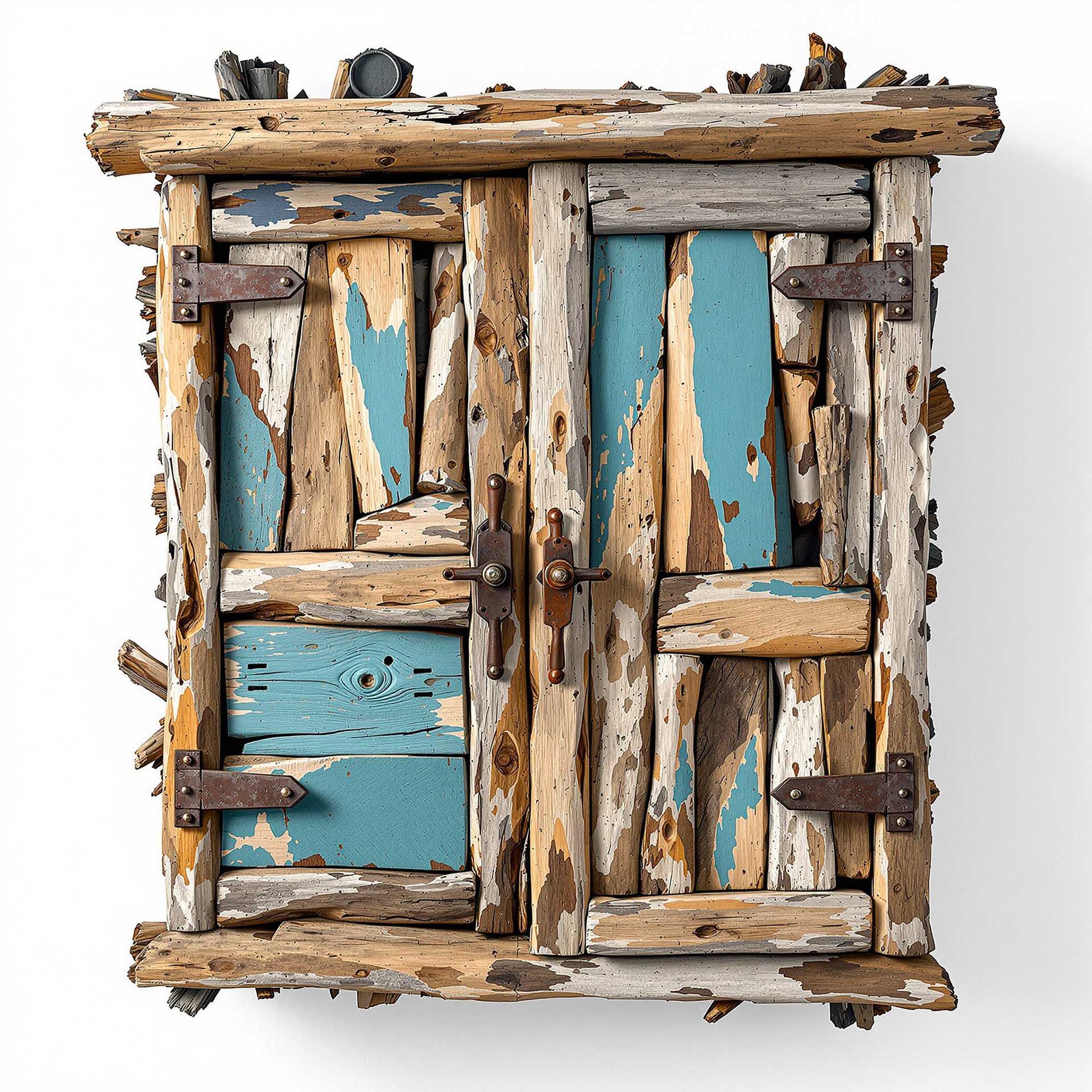 A wall cabinet made out of random pieces of driftwood, the design is asymmetric, constructed carefully by hand, the design is unique and quite abstract and unusual whilst still being realistic, with old broken rusty metal closing mechanisms and handles, flaking paint, found objects, junk, recycled, upcycled, white background. Photorealistic 8K. Ultra-realistic textures. Extreme attention to detail in texture mapping, shading, and light interacting with surfaces.