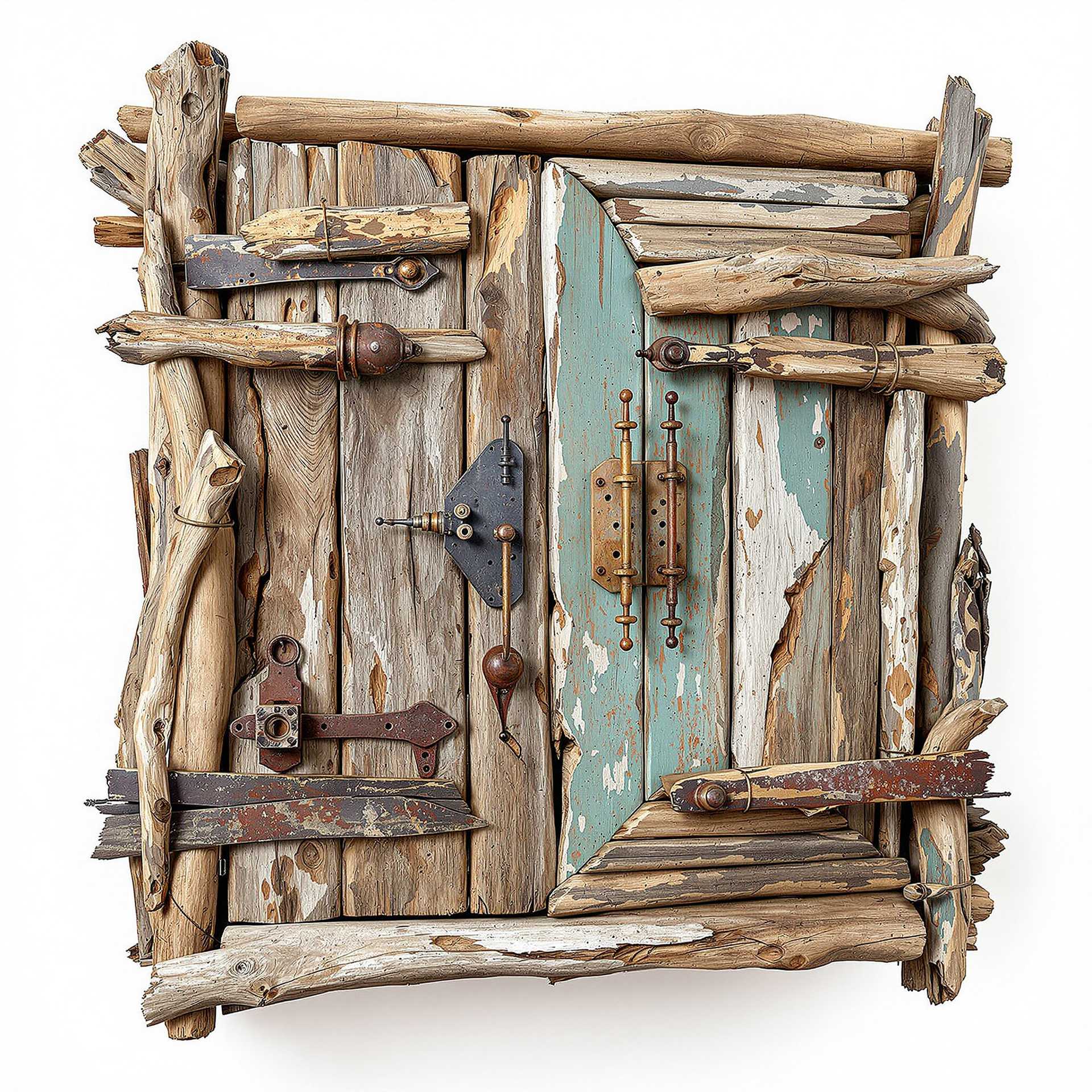 A wall cabinet made out of random pieces of driftwood, the design is asymmetric, constructed carefully by hand, the design is unique and quite abstract and unusual whilst still being realistic, with old broken rusty metal closing mechanisms and handles, strange rusty metal industrial parts, flaking paint, found objects, junk, recycled, upcycled, white background. Photorealistic 8K. Ultra-realistic textures. Extreme attention to detail in texture mapping, shading, and light interacting with surfaces.
