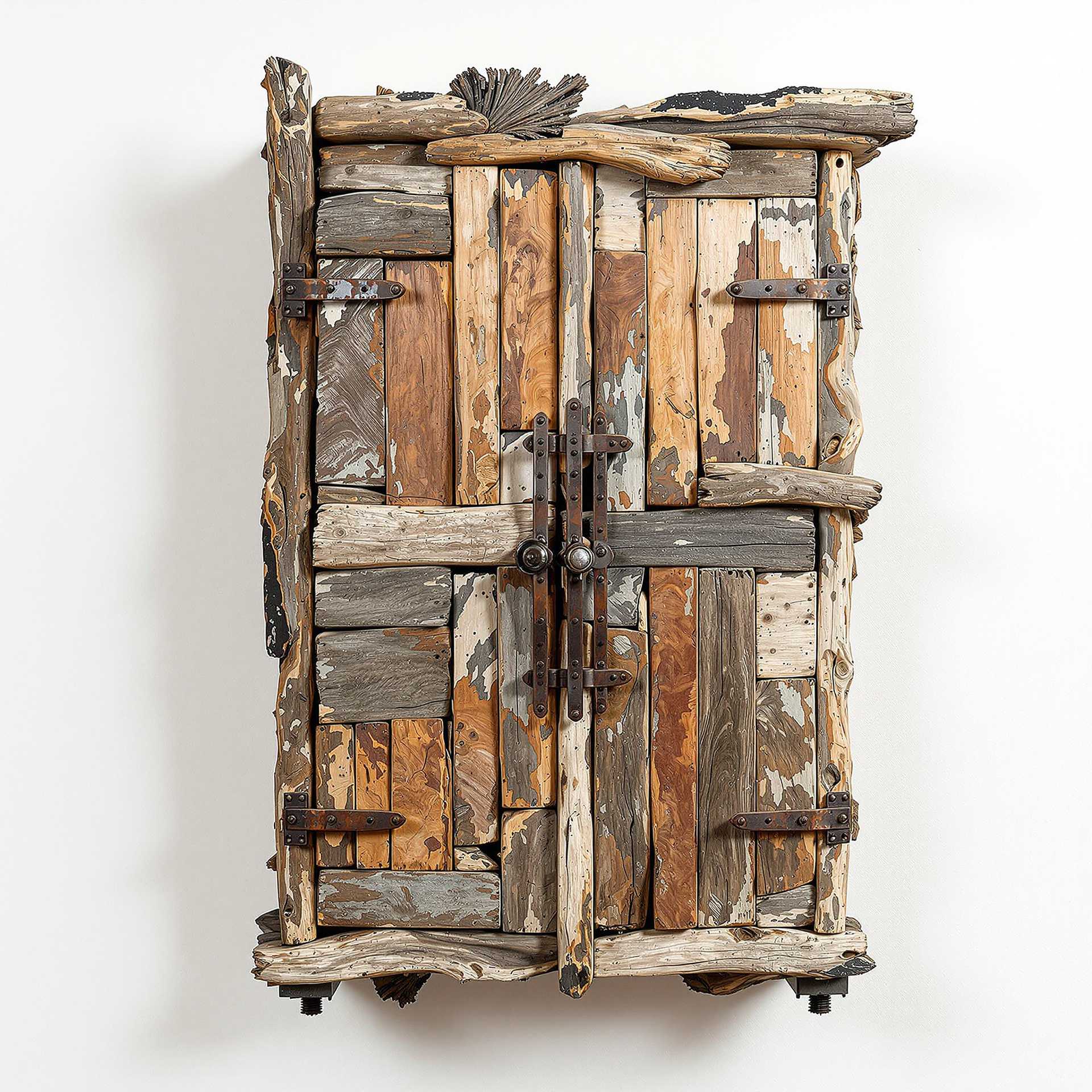 A wall cabinet made out of random pieces of driftwood, the design is asymmetric, constructed carefully by hand, the design is unique and quite abstract and unusual whilst still being realistic, with old broken rusty metal closing mechanisms and handles, strange rusty metal industrial parts, flaking paint, found objects, junk, recycled, upcycled, white background. Photorealistic 8K. Ultra-realistic textures. Extreme attention to detail in texture mapping, shading, and light interacting with surfaces.