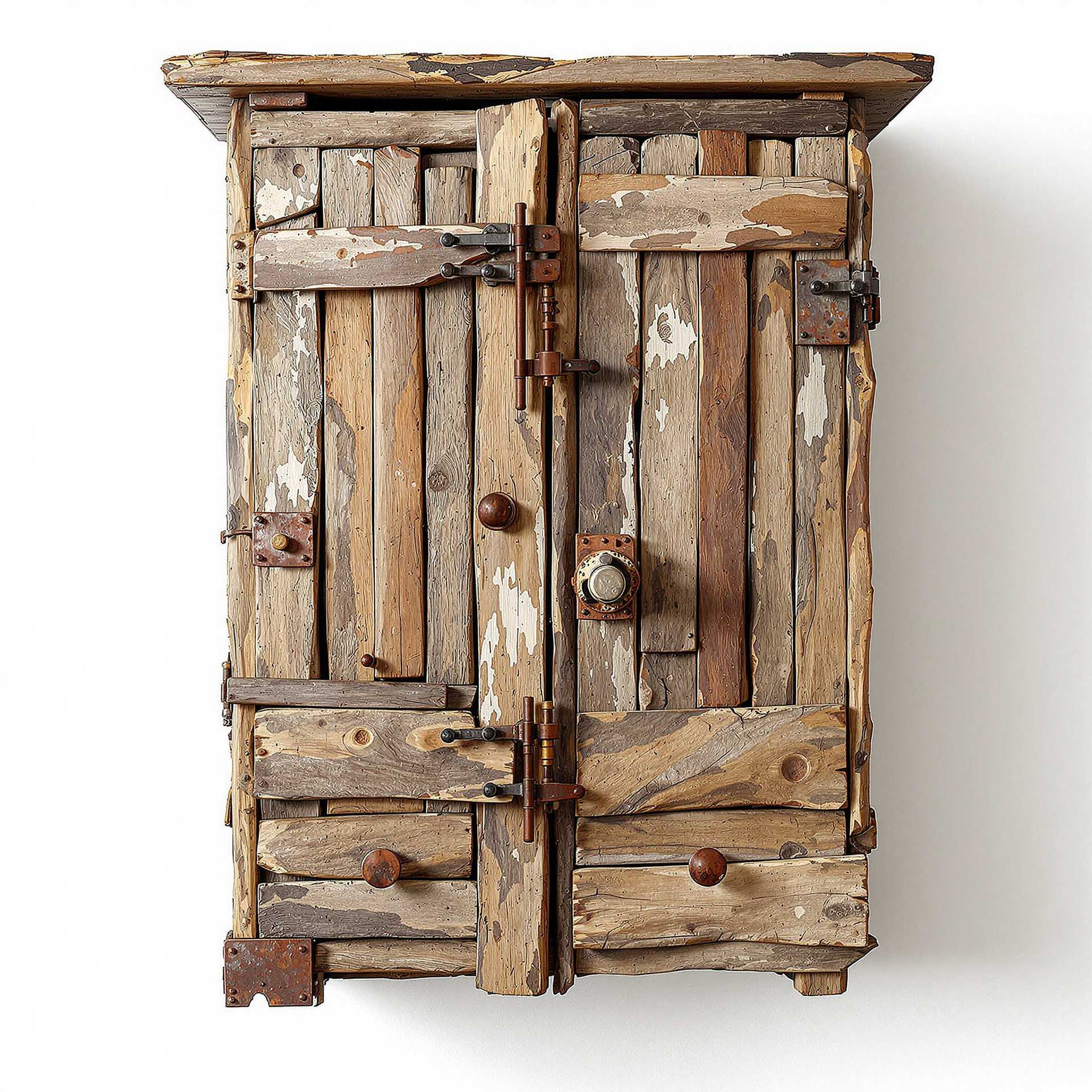 A wall cabinet made out of random pieces of driftwood, the design is asymmetric, constructed carefully by hand, the design is unique and quite abstract and unusual whilst still being realistic, with old broken rusty metal closing mechanisms and handles, strange rusty metal industrial parts, flaking paint, found objects, junk, recycled, upcycled, white background. Photorealistic 8K. Ultra-realistic textures. Extreme attention to detail in texture mapping, shading, and light interacting with surfaces.