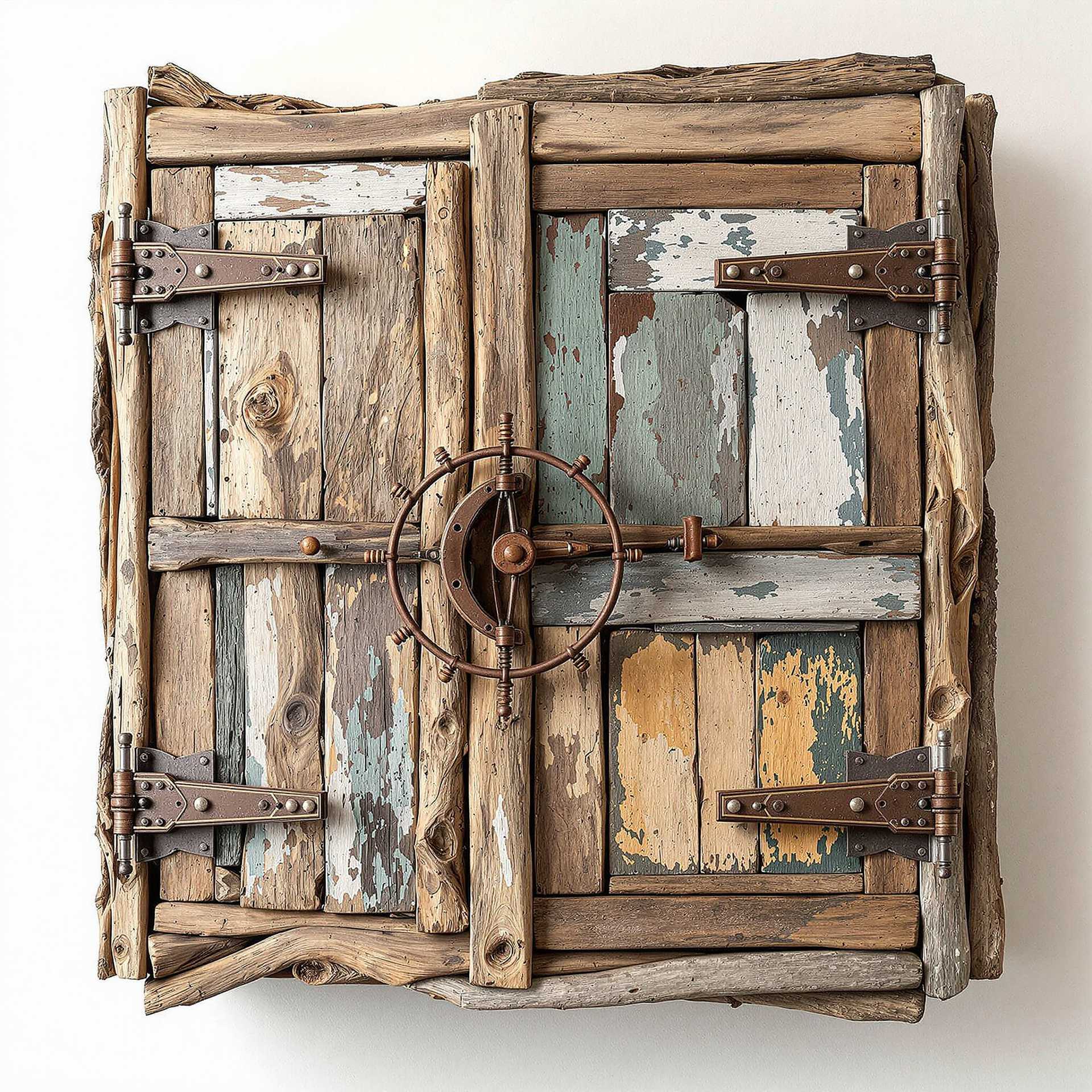 A wall cabinet made out of random pieces of driftwood, the design is asymmetric, constructed carefully by hand, the design is unique and quite abstract and unusual whilst still being realistic, with old broken rusty metal closing mechanisms and handles, strange rusty metal industrial parts, flaking paint, found objects, junk, recycled, upcycled, white background. Photorealistic 8K. Ultra-realistic textures. Extreme attention to detail in texture mapping, shading, and light interacting with surfaces.