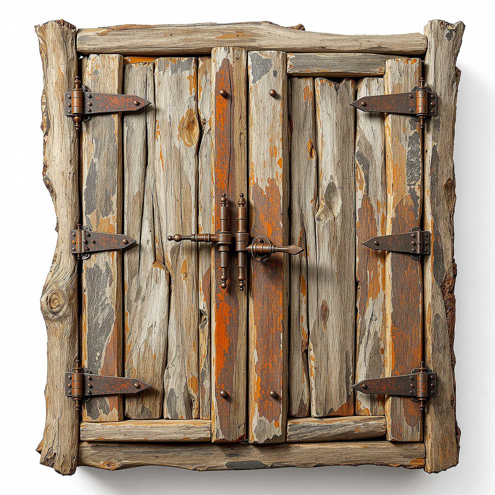 A wall cabinet made out of random pieces of driftwood, the design is asymmetric, constructed carefully by hand, the design is unique and quite abstract and unusual whilst still being realistic, with old broken rusty metal closing mechanisms and handles, strange rusty metal industrial parts, flaking paint, found objects, junk, recycled, upcycled, white background. Photorealistic 8K. Ultra-realistic textures. Extreme attention to detail in texture mapping, shading, and light interacting with surfaces.