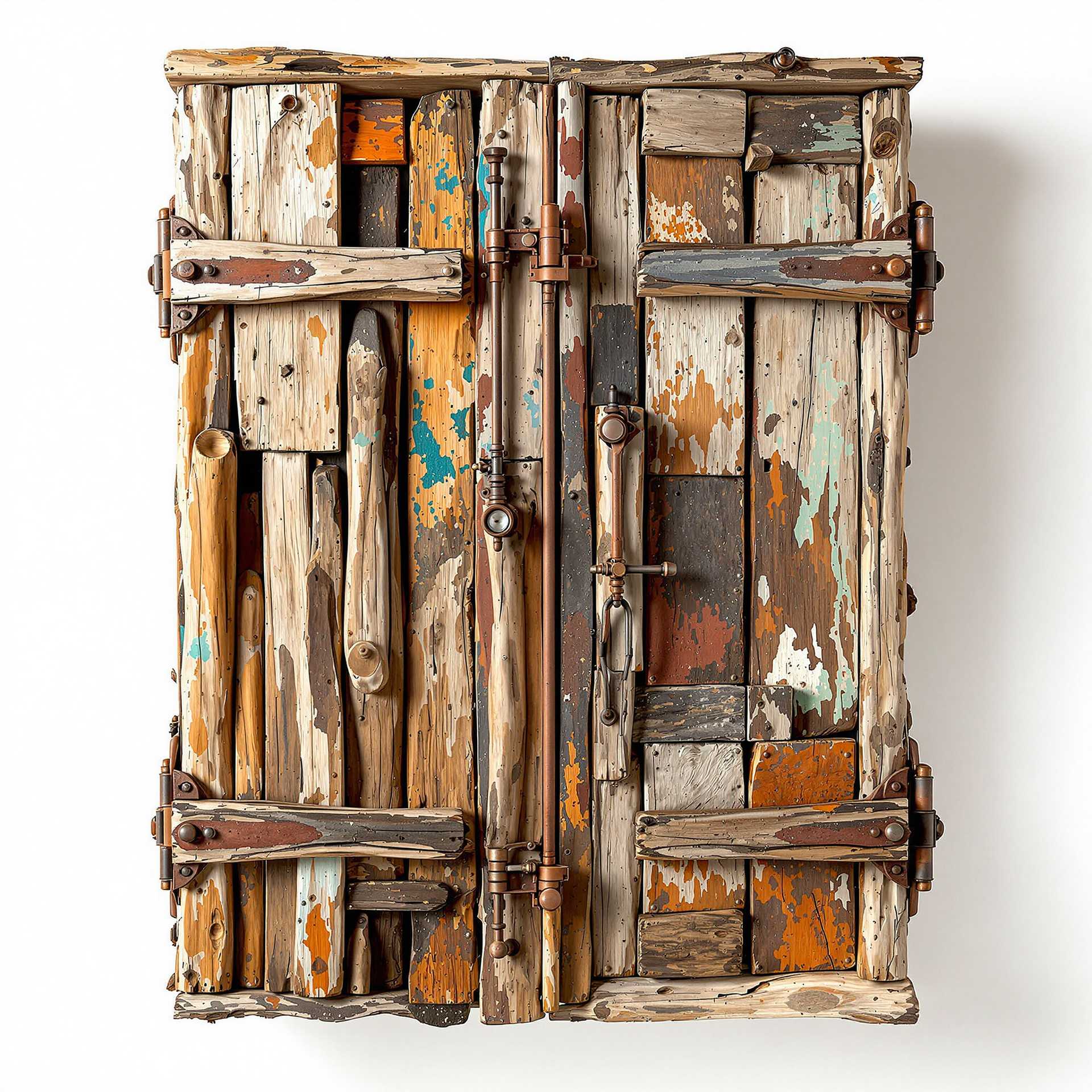 A wall cabinet made out of random pieces of driftwood, the design is asymmetric, constructed carefully by hand, the design is unique and quite abstract and unusual whilst still being realistic, with old broken rusty metal closing mechanisms and handles, strange rusty metal industrial parts, flaking paint, found objects, junk, recycled, upcycled, white background. Photorealistic 8K. Ultra-realistic textures. Extreme attention to detail in texture mapping, shading, and light interacting with surfaces.