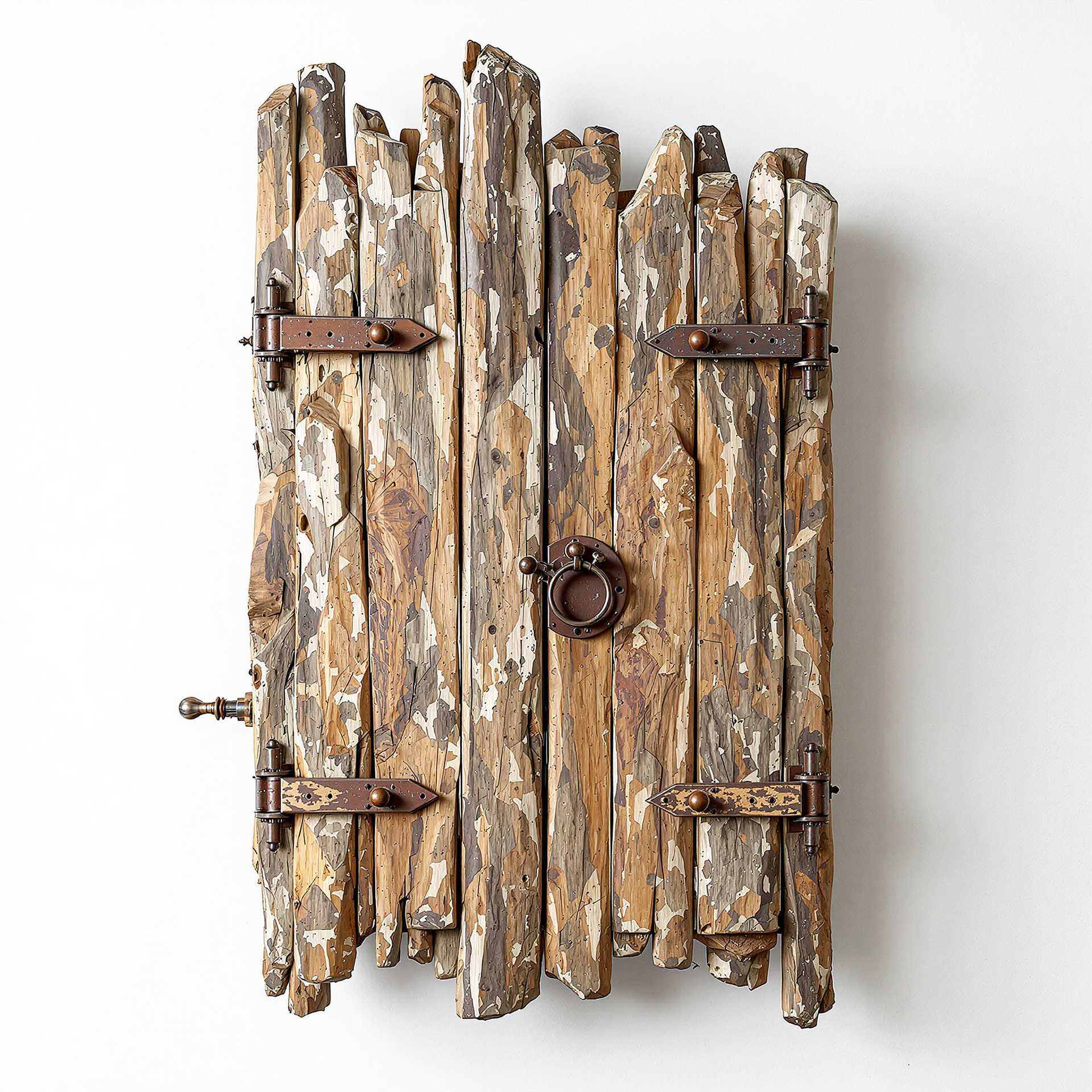 A wall cabinet made out of random pieces of driftwood, the design is asymmetric, constructed carefully by hand, the design is unique and quite abstract and unusual whilst still being realistic, with old broken rusty metal closing mechanisms and handles, strange rusty metal industrial parts, flaking paint, found objects, junk, recycled, upcycled, white background. Photorealistic 8K. Ultra-realistic textures. Extreme attention to detail in texture mapping, shading, and light interacting with surfaces.