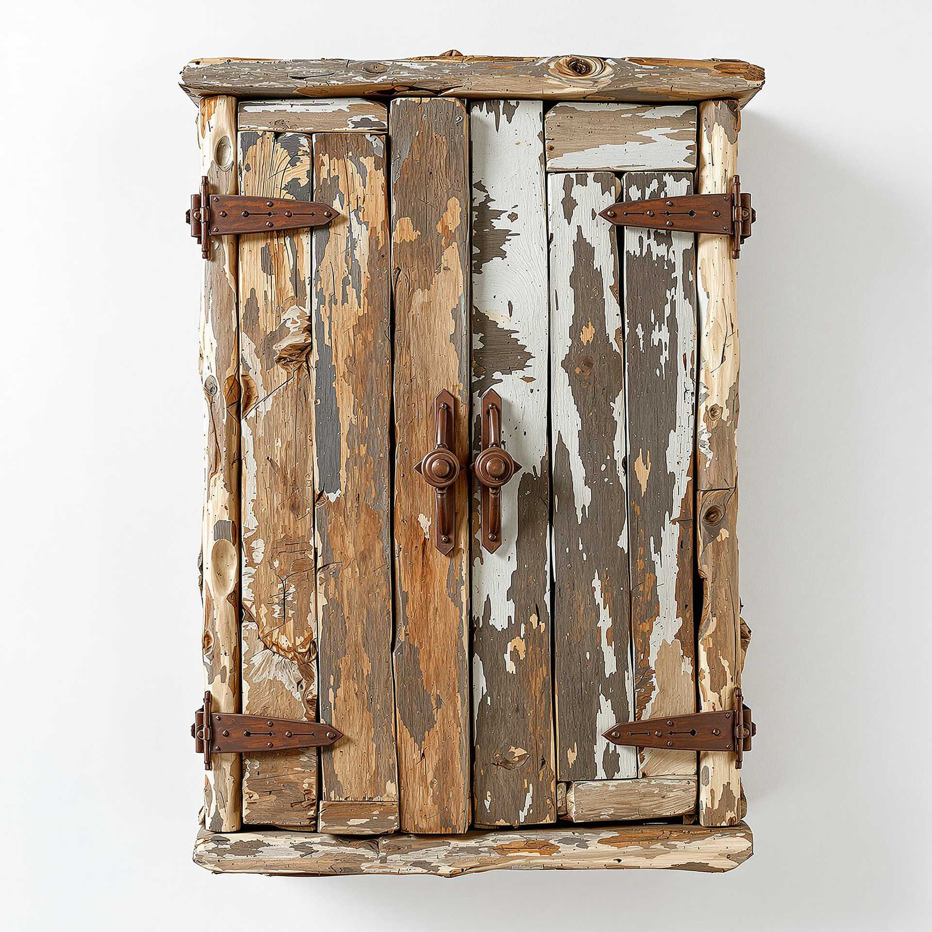 A wall cabinet made out of random pieces of driftwood, the design is asymmetric, constructed carefully by hand, the design is unique and quite abstract and unusual whilst still being realistic, with old broken rusty metal closing mechanisms and handles, strange rusty metal industrial parts, salvaged, aged materials, flaking paint, found objects, junk, recycled, upcycled, white background. WabiSabi. Photorealistic 8K. Ultra-realistic textures. Extreme attention to detail in texture mapping, shading, and light interacting with surfaces.