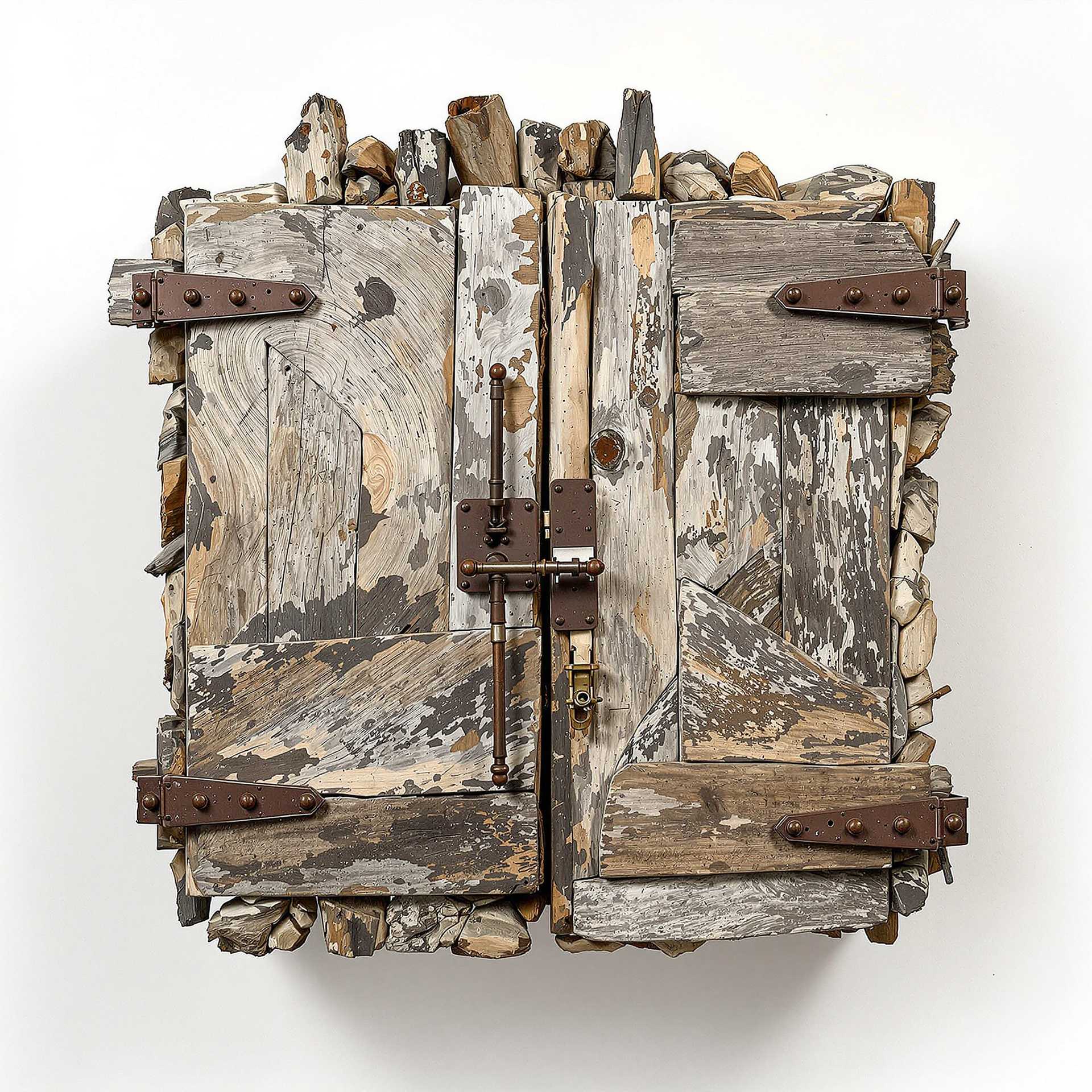 A wall cabinet made out of random pieces of weathered driftwood, the design is asymmetric, constructed carefully by hand, the design is unique and quite abstract and unusual whilst still being realistic, with old broken rusty metal closing mechanisms and handles, strange rusty metal industrial parts, salvaged, aged materials, flaking paint, found objects, junk, recycled, upcycled, white background. WabiSabi. Photorealistic 8K. Ultra-realistic textures. Extreme attention to detail in texture mapping, shading, and light interacting with surfaces.