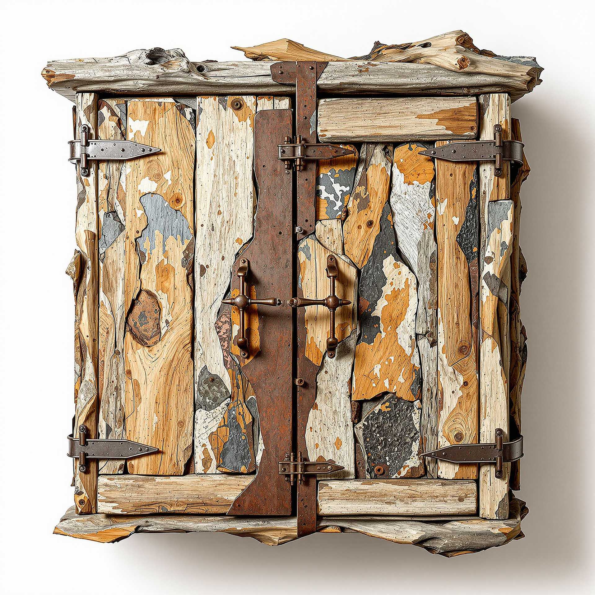 A wall cabinet made out of random pieces of weathered driftwood, the design is asymmetric, constructed carefully by hand, the design is unique and quite abstract and unusual whilst still being realistic, with old broken rusty metal closing mechanisms and handles, strange rusty metal industrial parts, salvaged, aged materials, flaking paint, found objects, junk, recycled, upcycled, white background. WabiSabi. Photorealistic 8K. Ultra-realistic textures. Extreme attention to detail in texture mapping, shading, and light interacting with surfaces.