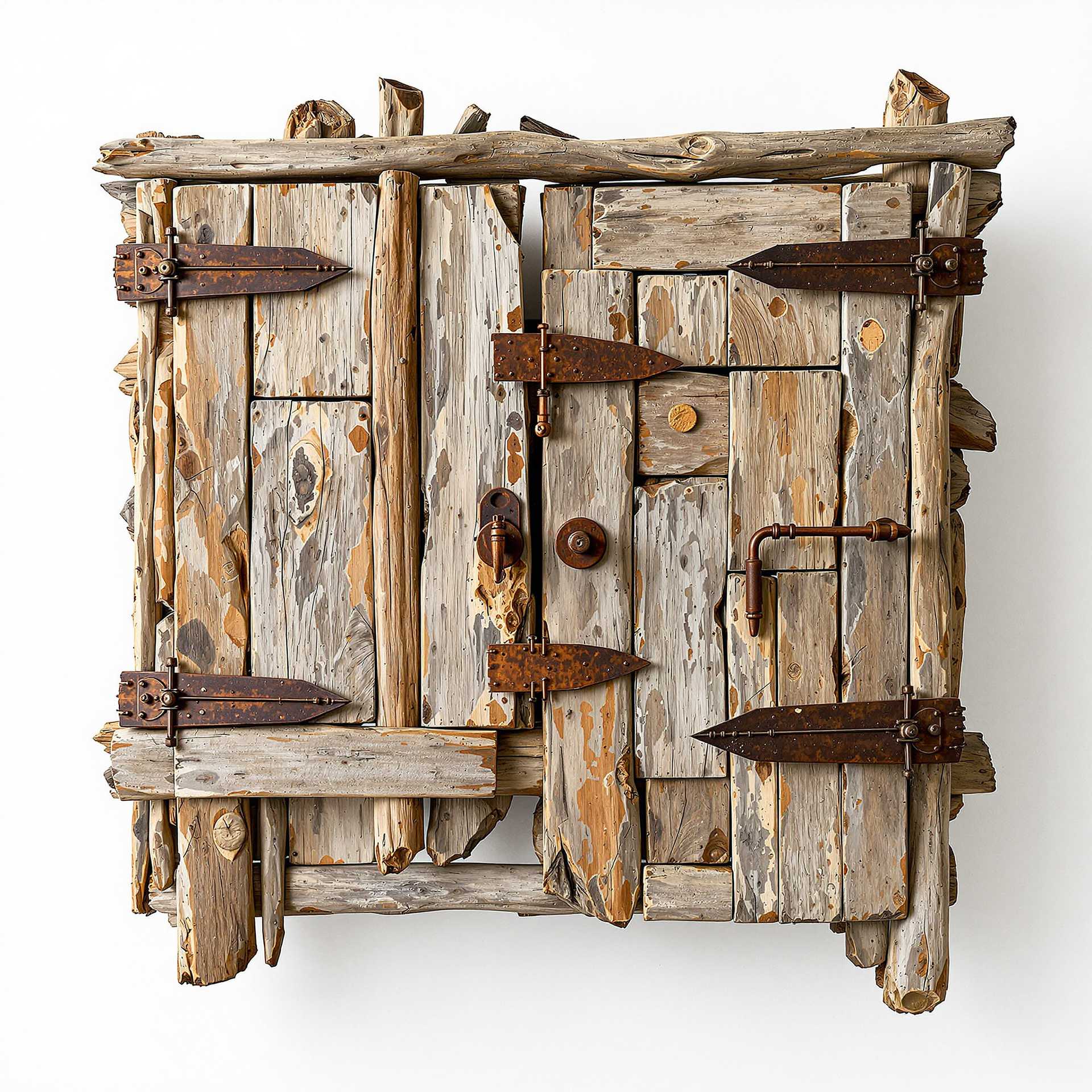 A wall cabinet made out of random pieces of weathered driftwood, the design is asymmetric, constructed carefully by hand, the design is unique and quite abstract and unusual whilst still being realistic, with old broken rusty metal closing mechanisms and handles, strange rusty metal industrial parts, salvaged, aged materials, flaking paint, found objects, junk, recycled, upcycled, white background. WabiSabi. Photorealistic 8K. Ultra-realistic textures. Extreme attention to detail in texture mapping, shading, and light interacting with surfaces.