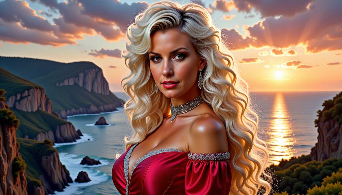 FantasyWomanLoRa, FH-LoRA-12, , Amazing oil upper portrait of comic character  Power Girl, long white blonde wavy hair, beautiful face and aura, stunning hero dress, looking at you, perfect centered, amazing view to a exotic landscape as background,twilight mood, ultra realistic detail, 4K, HDR gloomy, choker style colar, detailed face, magic fantasy, wow effect, sticker, 2d cute, fantasy, dreamy, by Tim Burton, professional, sleek, modern, minimalist, graphic, line art,