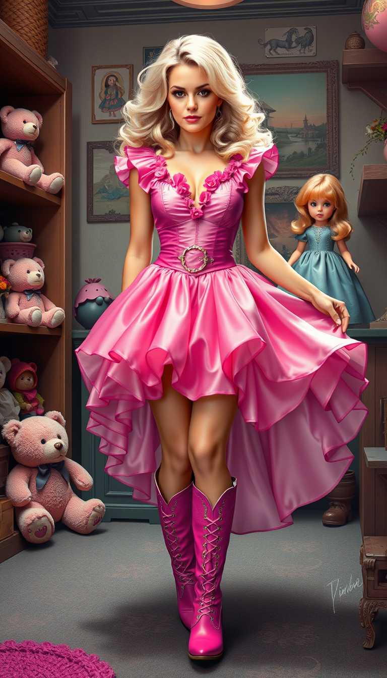 **Prompt:**

Create a digitally rendered artwork that merges surreal fantasy with pop art elements. The image should capture a whimsical atmosphere with the following specifications:

- **Subject**: A woman in a voluminous, ruffled pink dress with a fitted bodice and a flared skirt, showcasing a gradient effect from a deep to light pink, giving it a lustrous, satiny texture. The dress features floral embellishments at the neckline and waist. She wears matching bright pink cowboy boots with lace-up detailing and a decorative buckle. Her blonde hair cascades in waves, framing her confident and enigmatic expression.

- **Colors**: Use a vibrant palette dominated by pinks, blues, and browns. The pink of the dress should be particularly striking, contrasting with the darker tones of the room and the blue of a doll's dress.

- **Environment**: The scene is set in a room with shelves to the left, filled with an array of toys and dolls. Include:
  - A teddy bear
  - A doll in a blue dress with a halo
  - A small figure with unique details and expressions
  - In the foreground, place a large, golden, spherical object that could be interpreted as either a toy or a piece of furniture. To the right, scatter smaller toys and figurines.

- **Composition**: 
  - Position the woman centrally, her gaze directly engaging the viewer, creating a focal point.
  - Use a low camera angle to emphasize the grandeur of her dress and the height of the shelves.
  - Frame the scene to highlight the depth and complexity of the objects around her.

- **Style**: 
  - The art should reflect digital painting techniques with smooth color transitions and a lack of traditional painting textures.
  - Incorporate exaggerated proportions typical of fantasy art and playful elements reminiscent of pop art.

- **Mood and Atmosphere**: 
  - Convey a sense of nostalgia and playfulness, with the lighting emphasizing the surreal and whimsical nature of the scene.
  - The time of day should be late afternoon, with soft, warm light filtering through an unseen window, casting gentle shadows that add depth.

- **Technical Aspects**: 
  - Utilize depth of field to blur the background slightly, focusing on the woman and her immediate surroundings.
  - Employ a high level of detail in rendering textures, particularly on the fabrics, toys, and hair.

This prompt aims to create an image that is both visually rich and emotionally engaging, inviting the viewer into an imaginative, fantastical world.