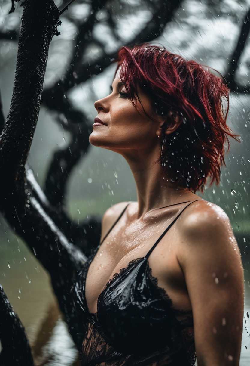 cinematic photo of a confident 40-year-old woman with short, dark red messy hair. She wears black lingerie under a wcinematic photo of a confident 40-year-old woman with short, dark red messy hair. She wears black stockingunder a transparent wet white satinrobe, standing under a wide-branched tree. Heavy rain creates splashes on the ground, and a sharp, colorful rainbow cuts across the dark sky behind her. Shot from mid-distance, moody atmosphere, vivid style, standing under a wide-branched tree. Heavy rain creates splashes on the ground, and a sharp, colorful rainbow cuts across the dark sky behind her. Shot from mid-distance, moody atmosphere, vivid style.
