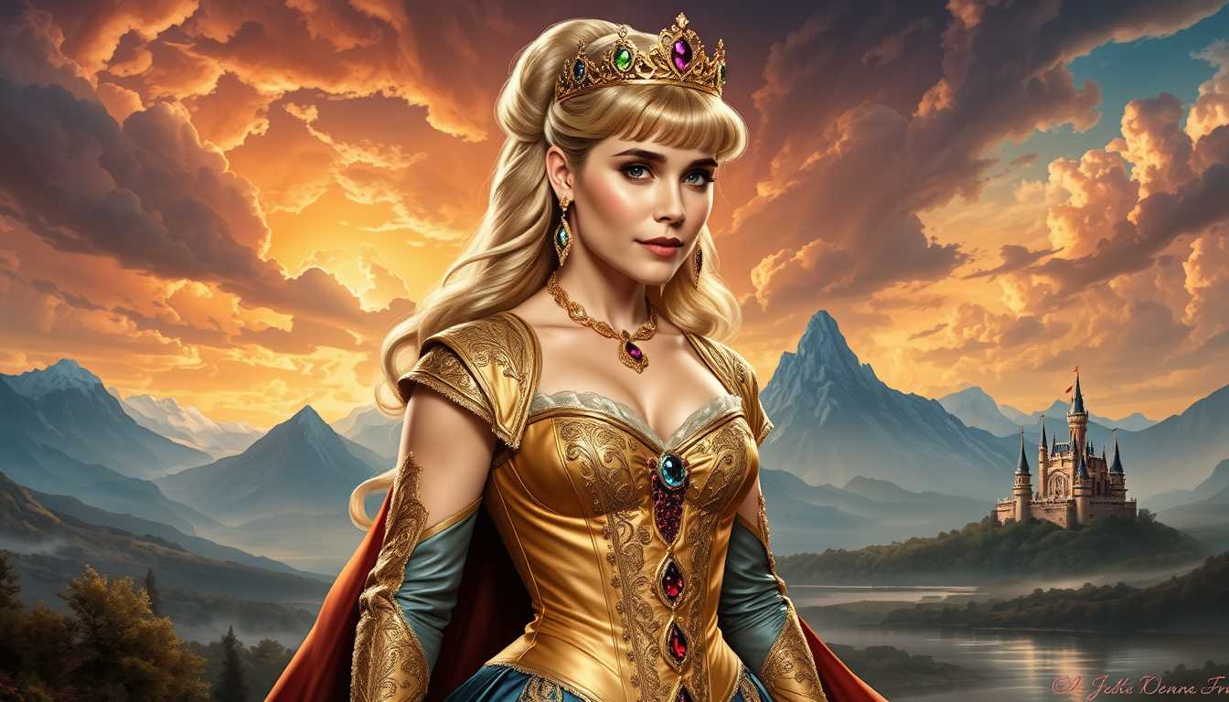 **Prompt Template:**

**Subject:** A woman resembling Alison Lohman, adorned with a **platinum ponytail** and **tiara**, dressed in a **golden corset** with intricate gold embroidery and red bead highlights, complemented by an **indigo skirt**. She wears **gold necklace and earrings** to complete her royal look.

**Scene:** She stands in a **serene landscape** with a **shimmering lake** in the foreground, **towering mountains** in the background, and a **distant castle** on the horizon. The **sky** is painted in **orange and yellow hues** with **sunlight piercing through clouds**, creating a dramatic and vibrant atmosphere.

**Style:** The image should be crafted in a blend of **Artgerm**'s dynamic, emotive style and **Boris Vallejo**'s heroic, fantasy elements, executed through **digital painting** techniques.

**Visual Details:**
- **Corset:** Intricate gold embroidery with red bead highlights, capturing the texture of silk and the glint of gold.
- **Tiara:** Reflective, with a slight glow from the sun's rays, adding to the ethereal quality.
- **Landscape:** The lake should shimmer with reflective light, mountains should have a sense of grandeur with soft shadows, and the castle should appear both distant and majestic.
- **Sky:** Dynamic with the interplay of light and cloud formations, enhancing the mood of a setting sun.

**Composition:**
- **Camera Angle:** A medium shot from a slight low angle to emphasize the woman's regal stature and the landscape's scale.
- **Framing:** The woman is framed in the center, with the landscape expanding around her, leading the eye towards the castle.

**Mood and Atmosphere:**
- **Mood:** A sense of calm and majesty, with an undertone of magic and fantasy.
- **Atmosphere:** The setting sun casts a warm, inviting light, while the slight chill of the evening suggests a transition from day to night, creating a serene yet dynamic mood.

**Technical Aspects:**
- **Lighting:** Soft, directional light from the setting sun, with shadows playing across the landscape to add depth.
- **Focus:** The woman in sharp focus with the background slightly blurred, yet still detailed enough to convey depth and scale.
- **Resolution:** Ultra HD, ensuring every detail is crisp and vibrant.

**Cohesion:** The elements should work together to tell a story of a mythical queen in her realm, where the beauty of nature and the grandeur